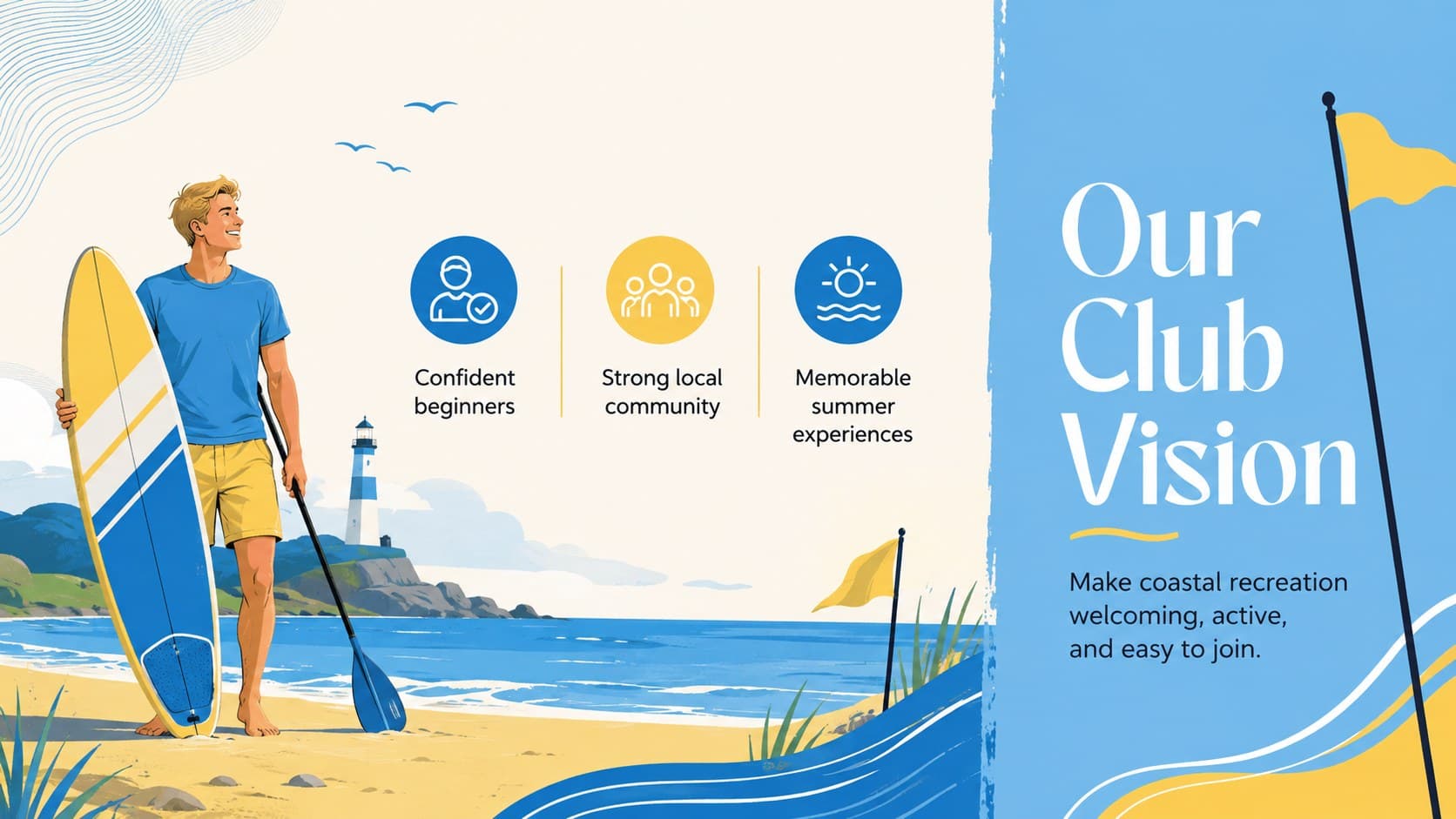 Coastal sports club vision slide featuring an illustrated shoreline and three strategic priorities.