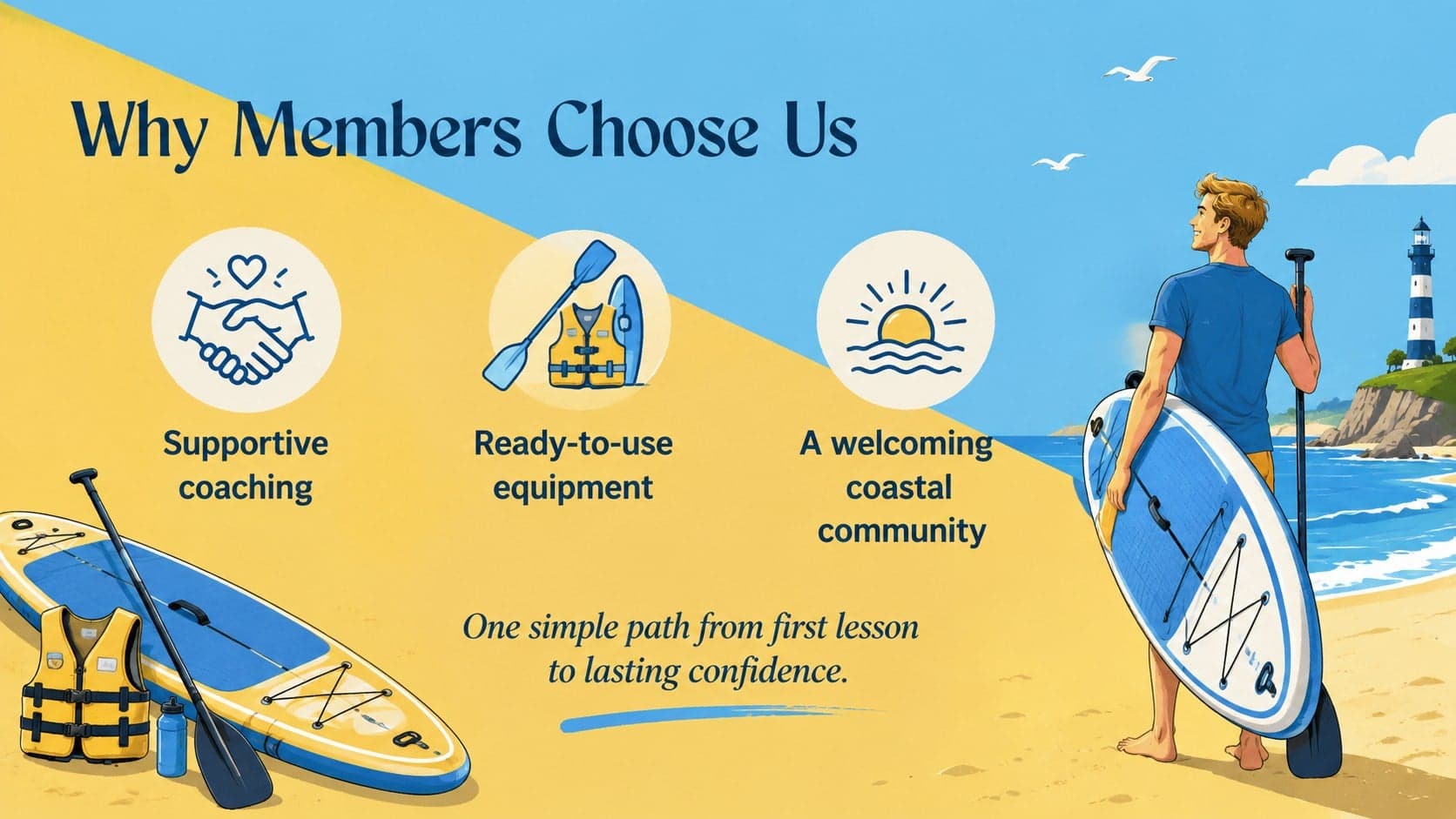 Surf school value proposition slide outlining coaching, equipment, and community benefits.