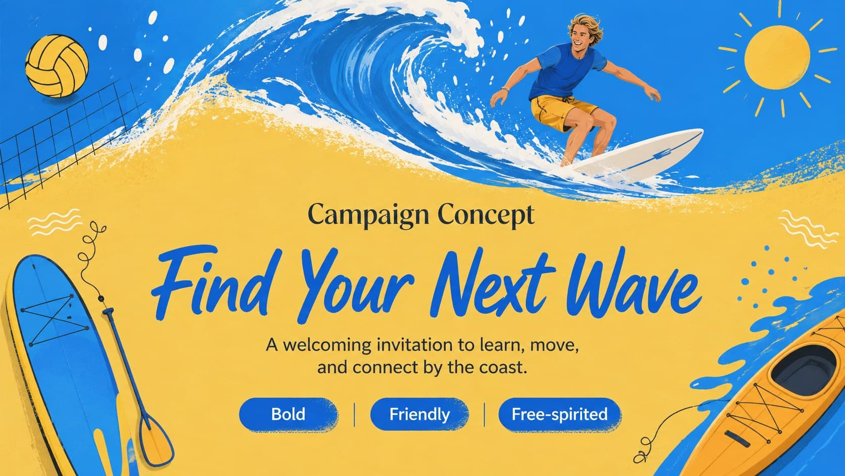 Coastal fitness campaign concept slide built around a Find Your Next Wave message.