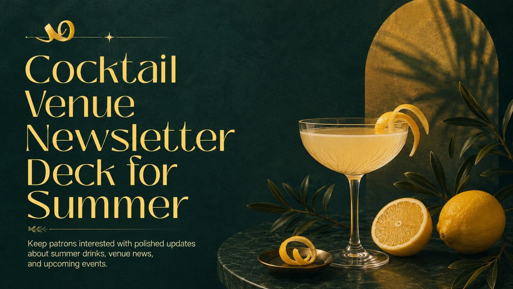 Cover for a cocktail venue newsletter deck featuring a sophisticated dark green and mustard summer bar design.