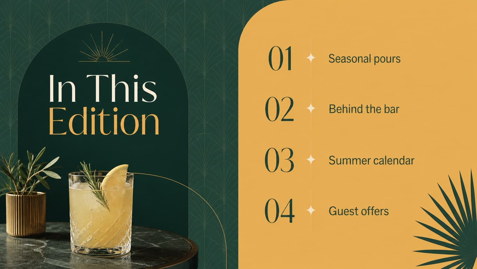 Summer newsletter contents slide outlining cocktail menus, venue news, offers, and event updates.