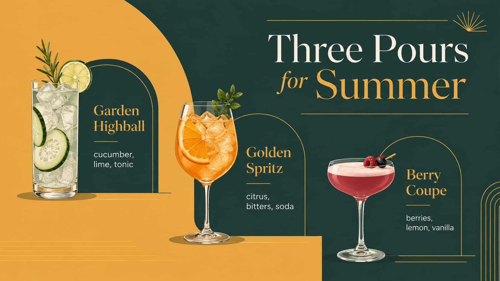 Seasonal cocktail menu slideshow page presenting three featured summer drinks with ingredients.