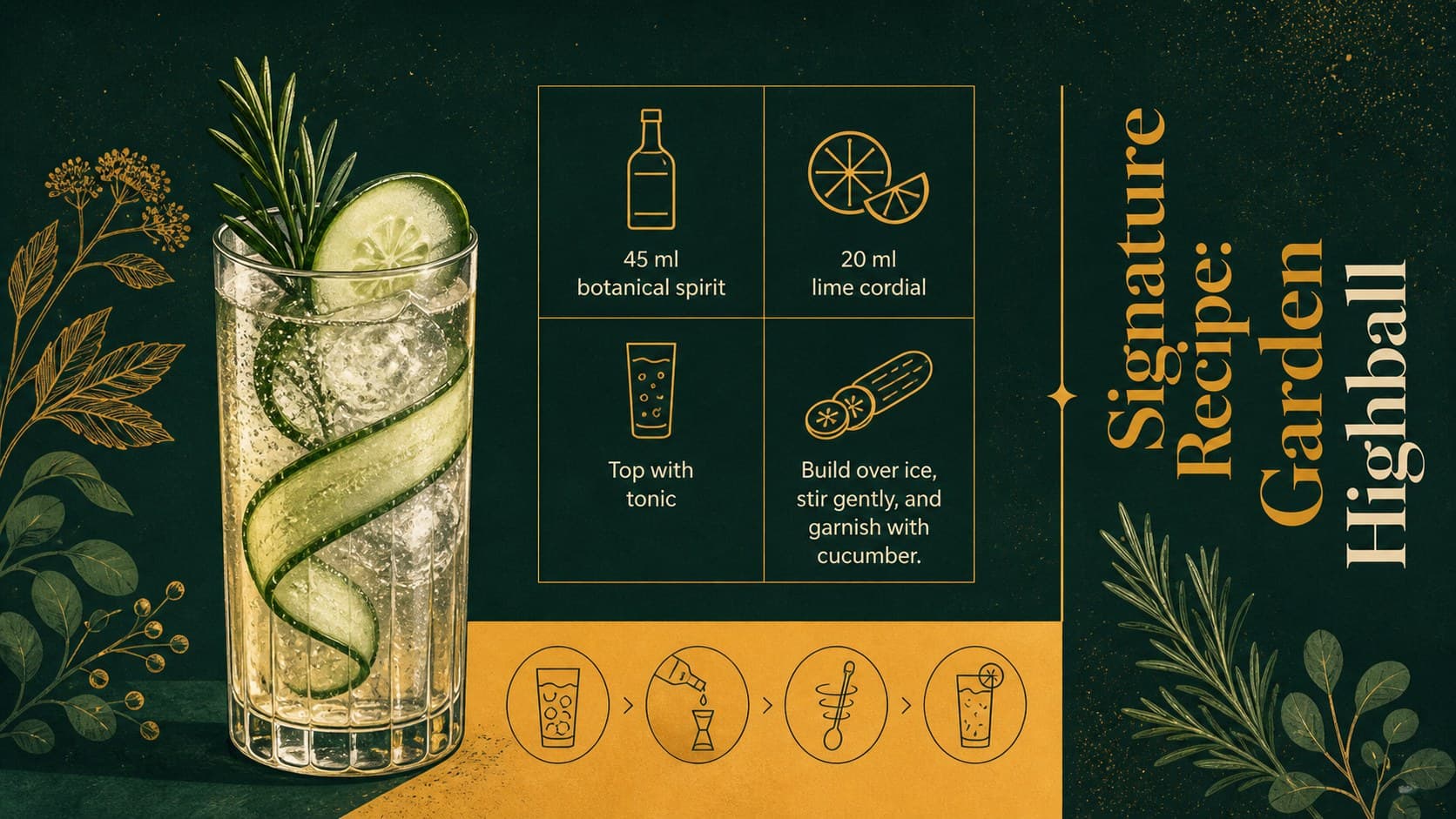 Signature drink recipe slide with ingredients and preparation steps for a garden highball.