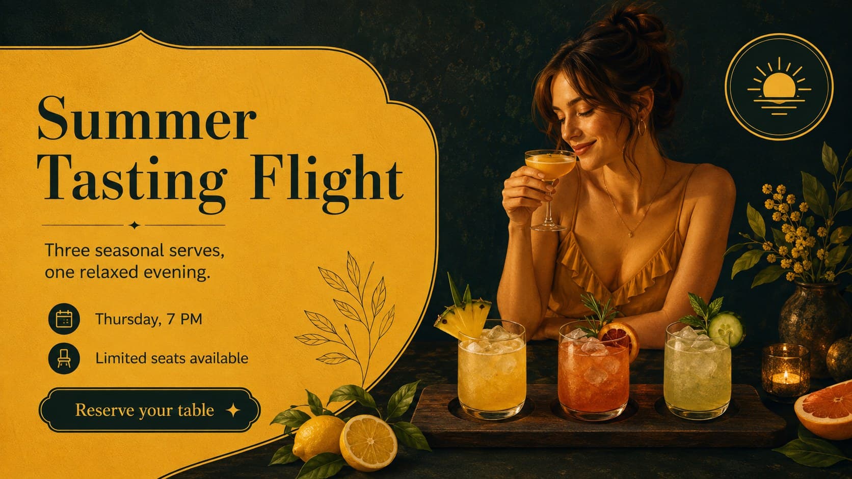 Cocktail bar promotions deck slide highlighting a limited-time summer tasting flight.