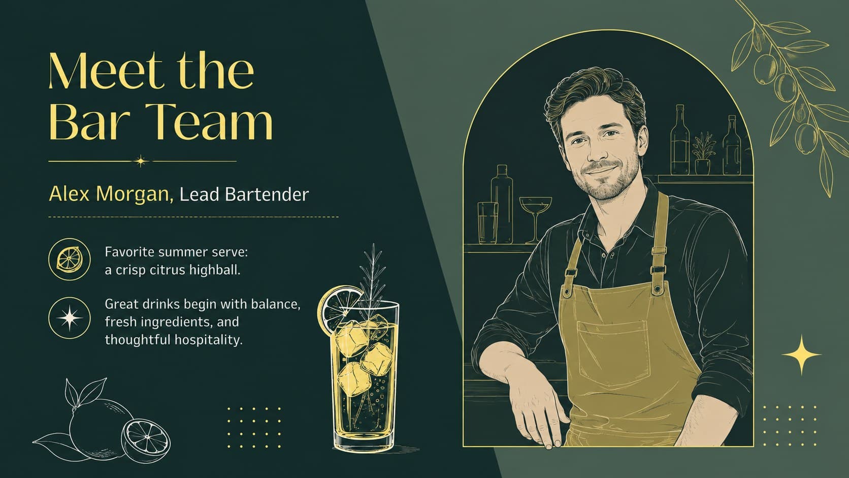 Bartender profile page for a hospitality newsletter presentation with an original staff portrait and drink recommendation.