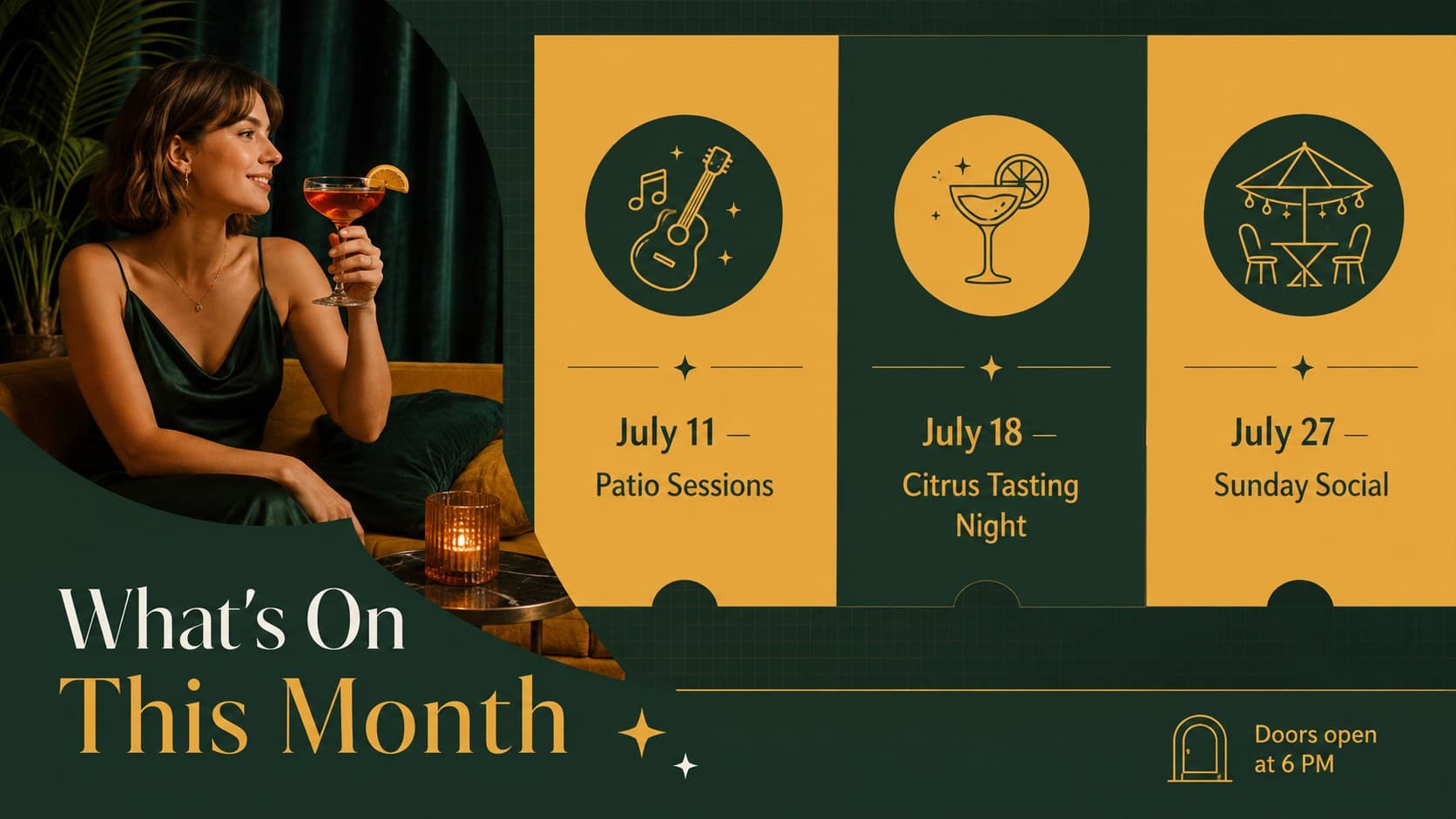 Summer bar event presentation calendar listing live music, tasting nights, and patio gatherings.