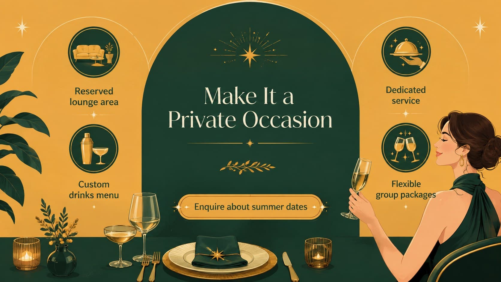 Private booking promotion slide showing cocktail service options for summer parties and gatherings.
