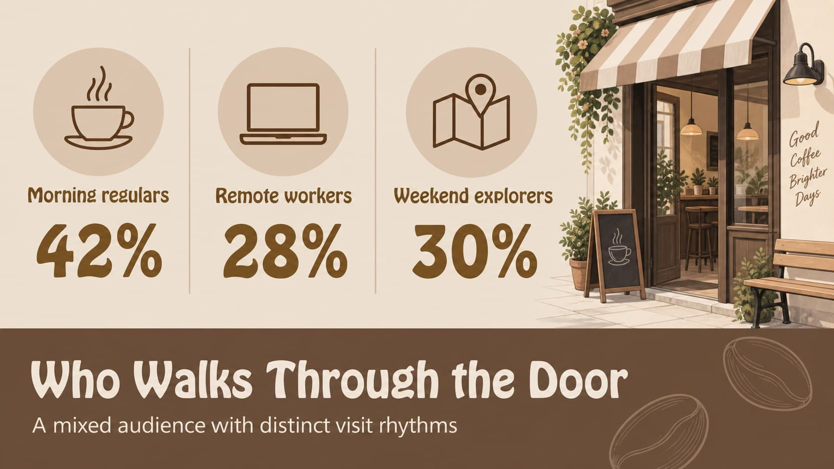 Audience demographics slide for a coffee shop customer profile presentation.