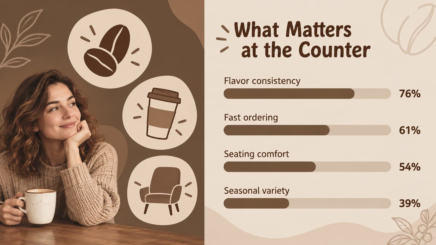 Coffee customer preferences slide comparing drinks, food, and experience priorities.