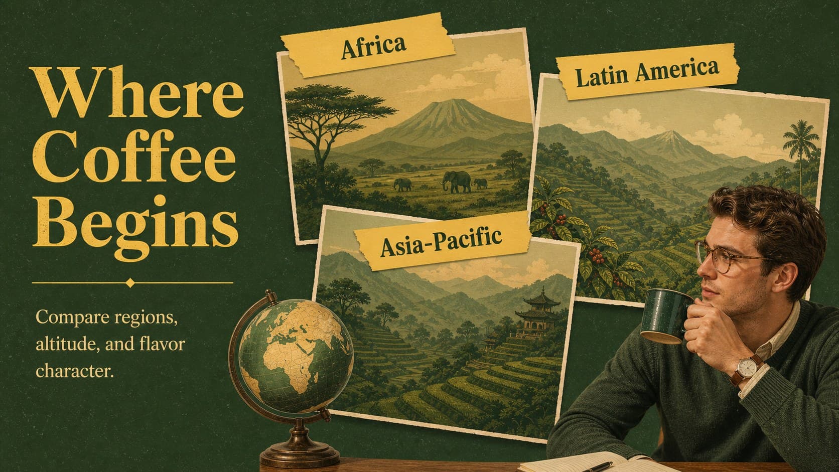 Coffee origin comparison slide showing bean regions and tasting characteristics in a green and yellow presentation layout.