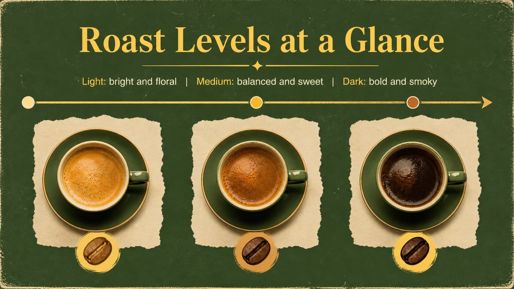 Coffee roast comparison slide contrasting light, medium, and dark roast characteristics with editable chart elements.