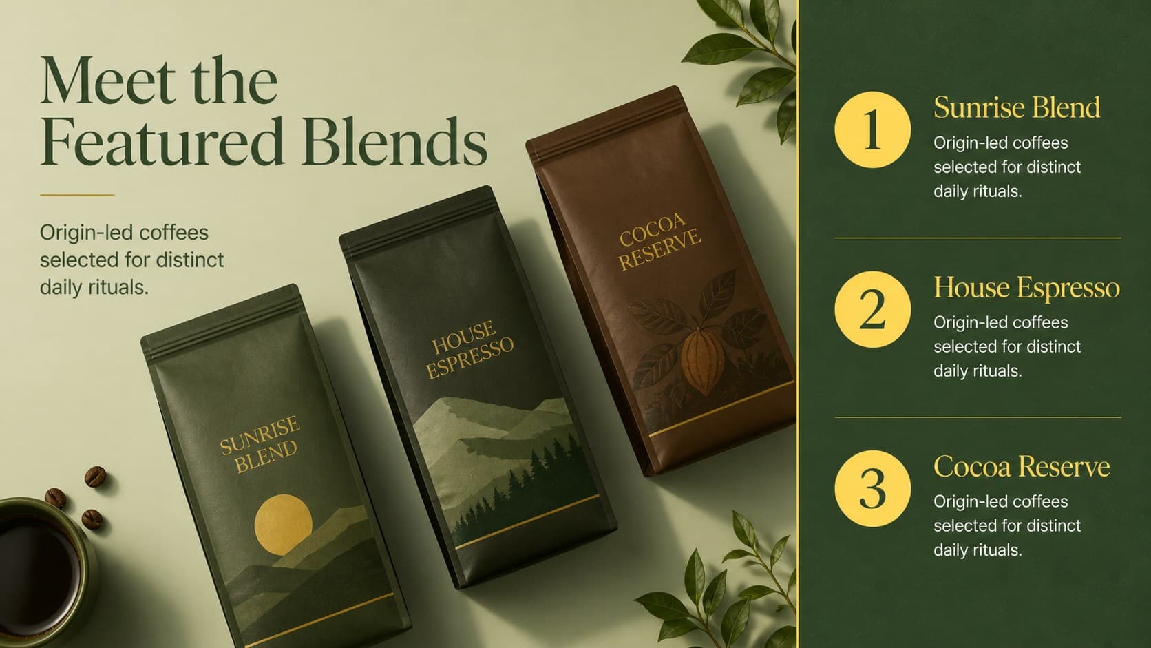 Coffee product lineup slide displaying blend cards and concise product descriptions in a retro green and yellow catalog style.