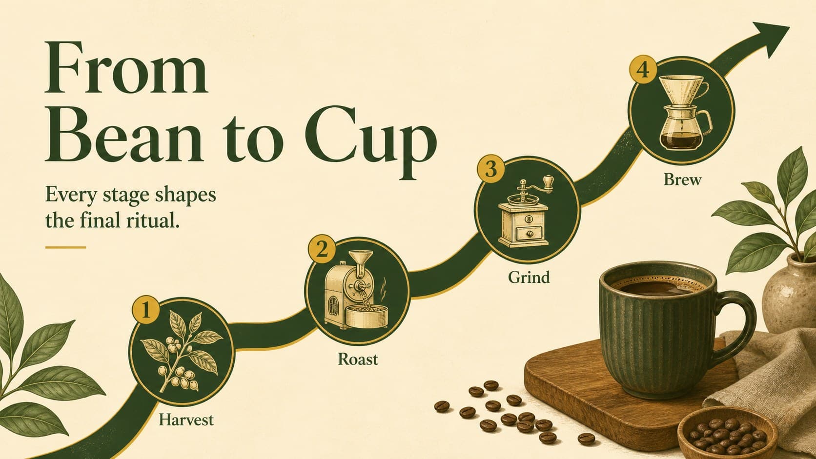 Coffee preparation timeline slide outlining a simple bean-to-cup journey with green and yellow cutout decoration.
