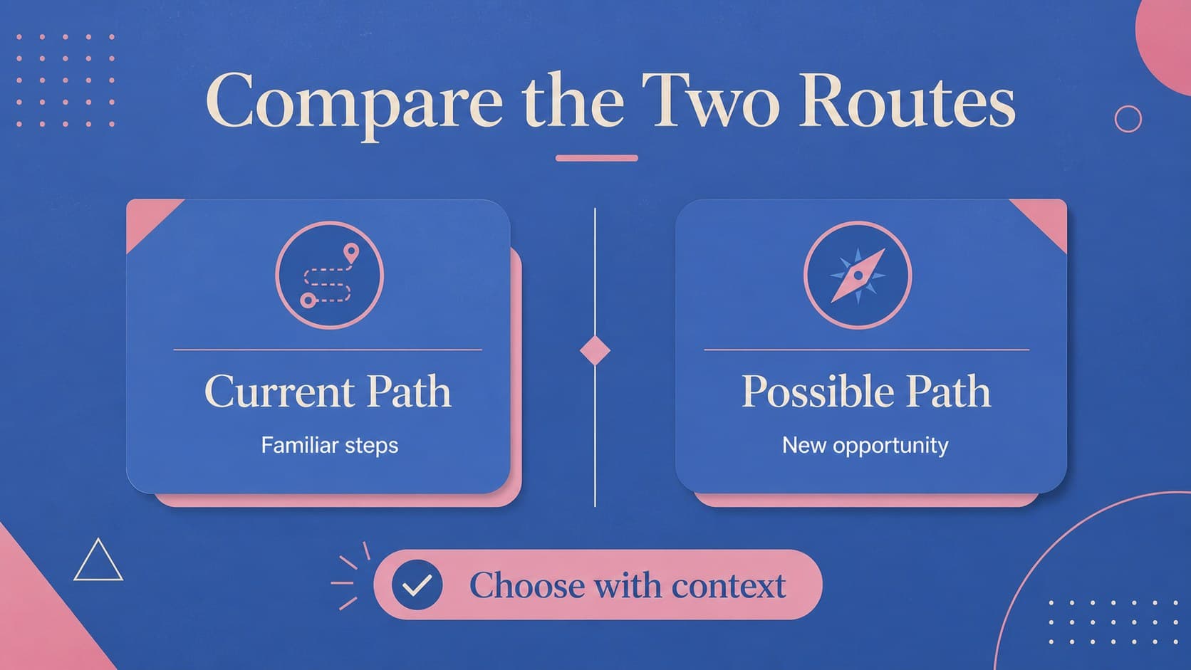 Comparison layout contrasting two pathways in a blue and pink workshop deck.