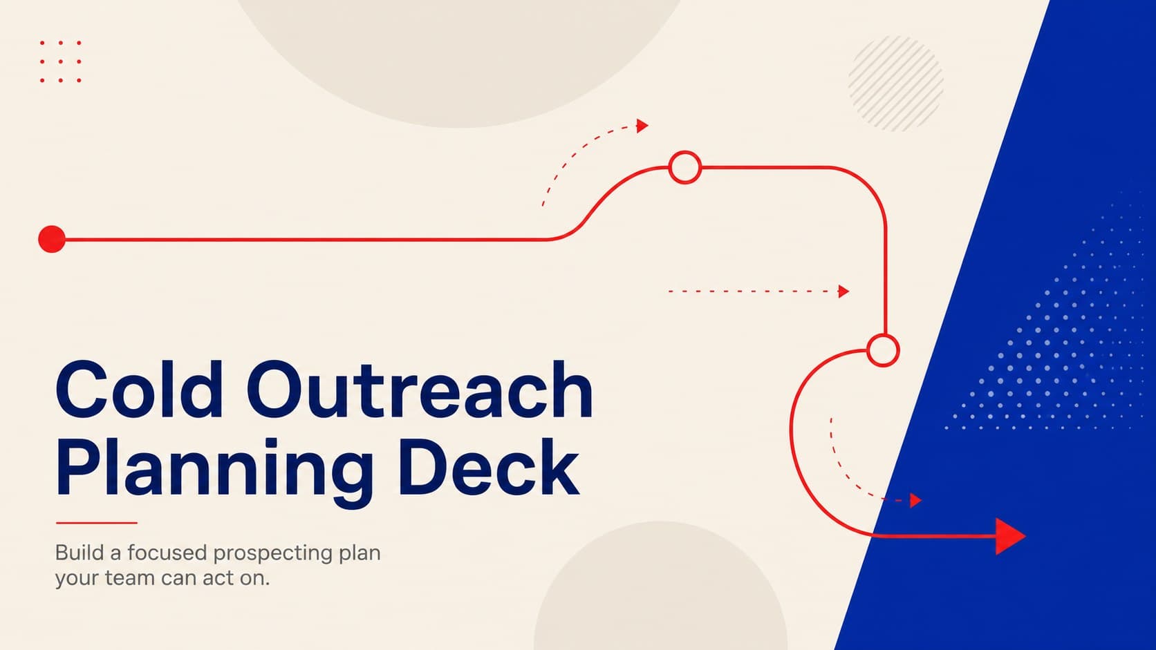 Minimalist beige, blue, and red cover for a Cold Outreach Planning Deck.