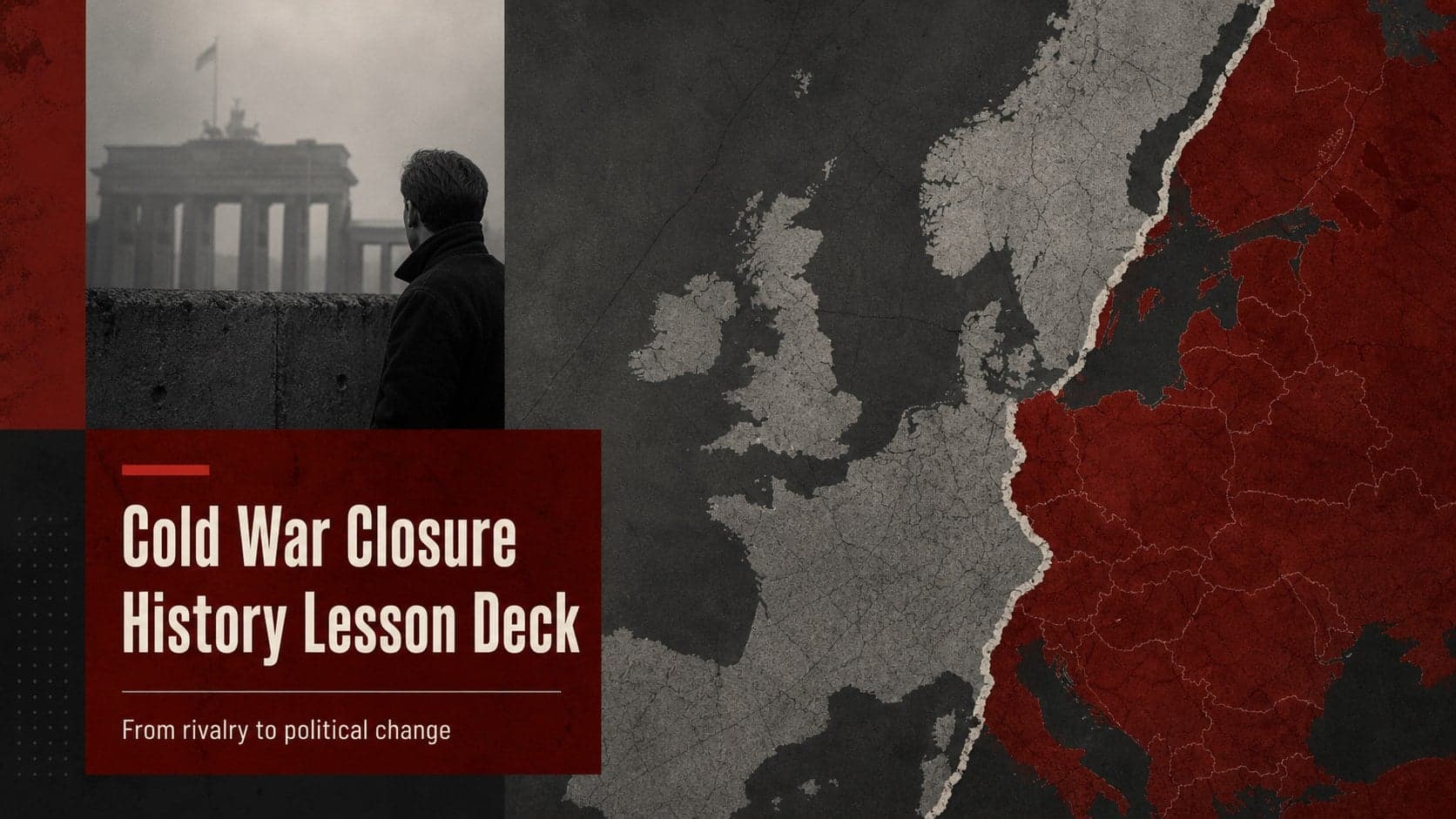 Cover slide for a cold war closure history lesson with a red and gray archival-inspired composition.