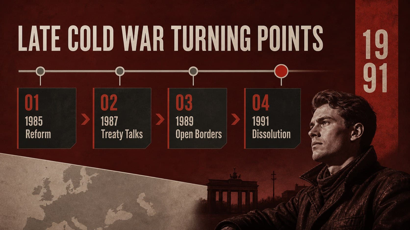 Late Cold War events timeline slide highlighting reform, diplomacy, and public pressure.