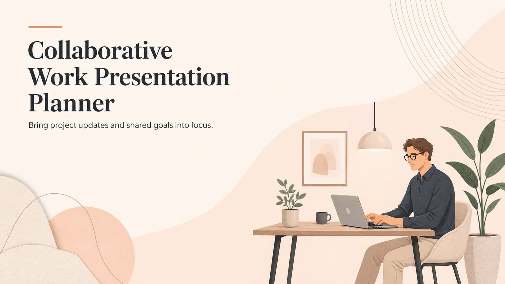 Cover of the Collaborative Work Presentation Planner with warm beige styling and an original workplace character illustration.