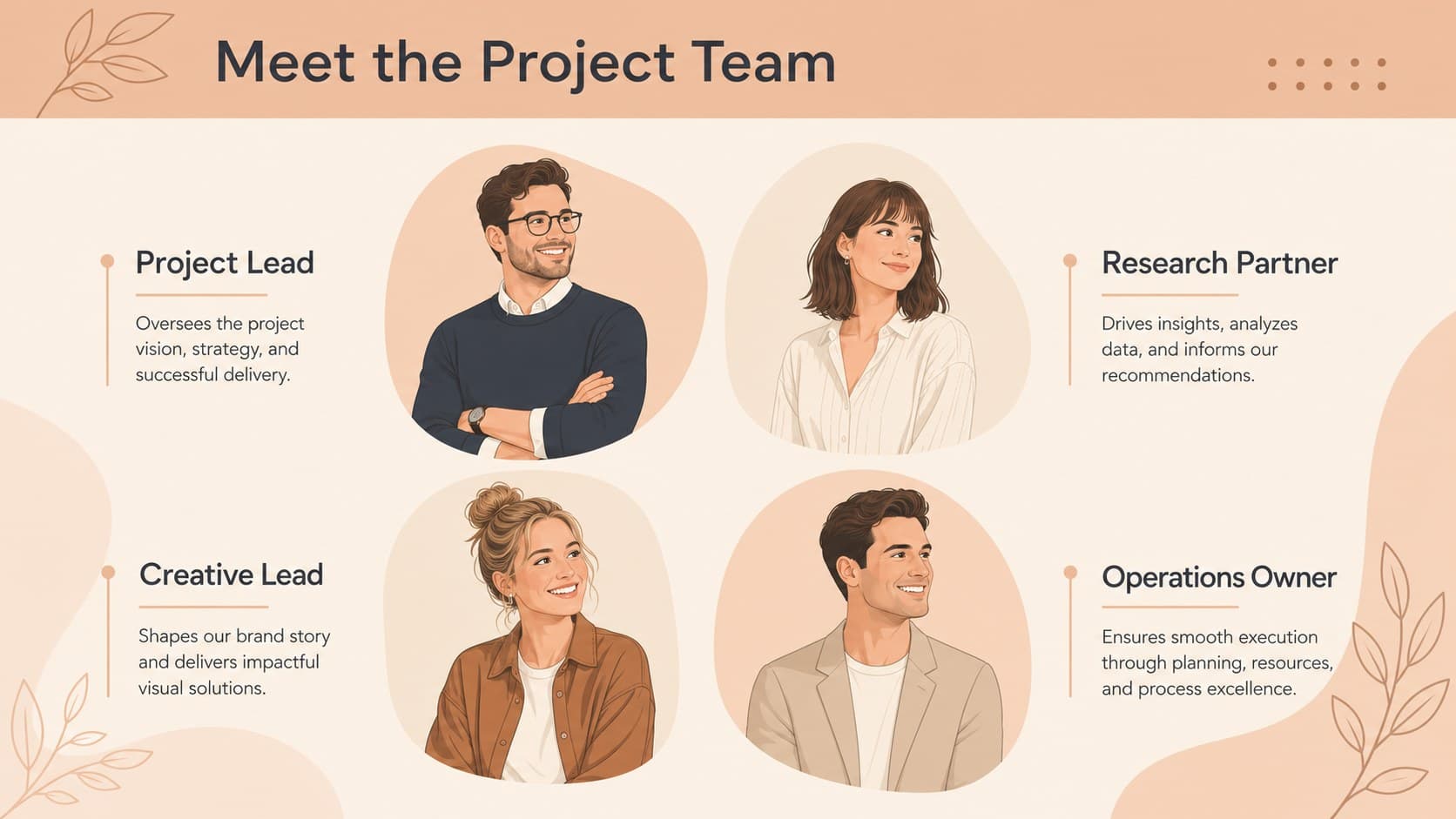 Minimal workplace presentation slide introducing four team roles with original illustrated portraits.