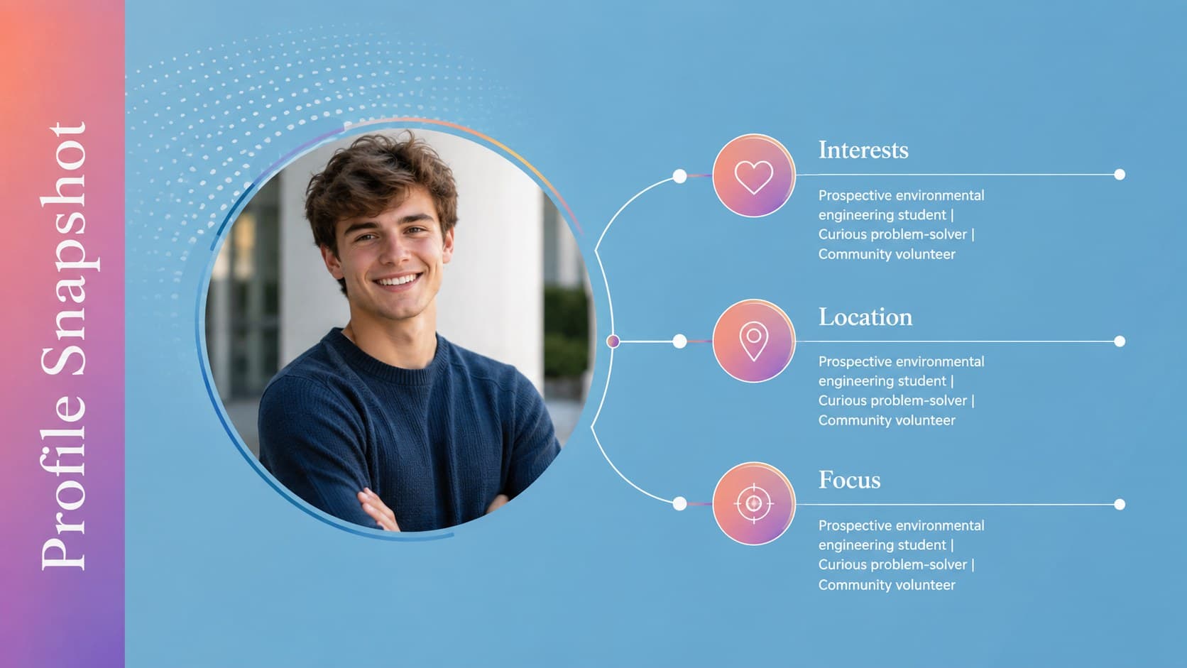 Applicant profile layout for a university applicant portfolio template with portrait, interests, and concise personal details.