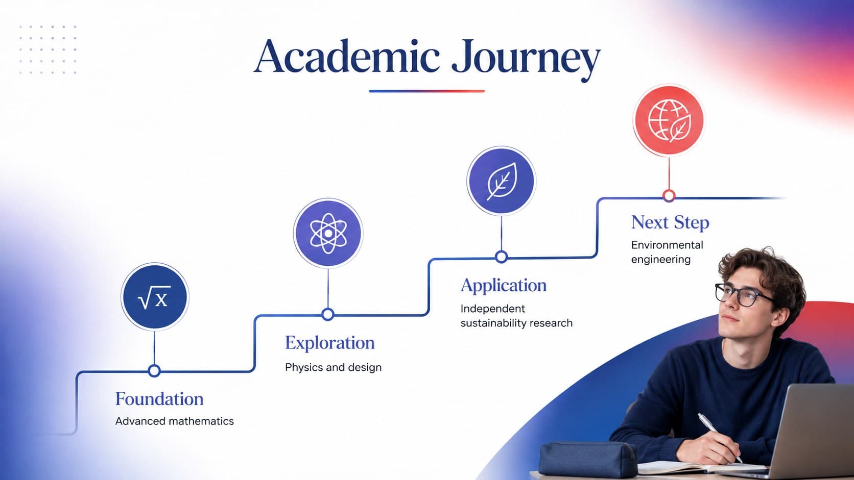 Academic journey timeline for a student achievements presentation for admissions in a modern gradient design.