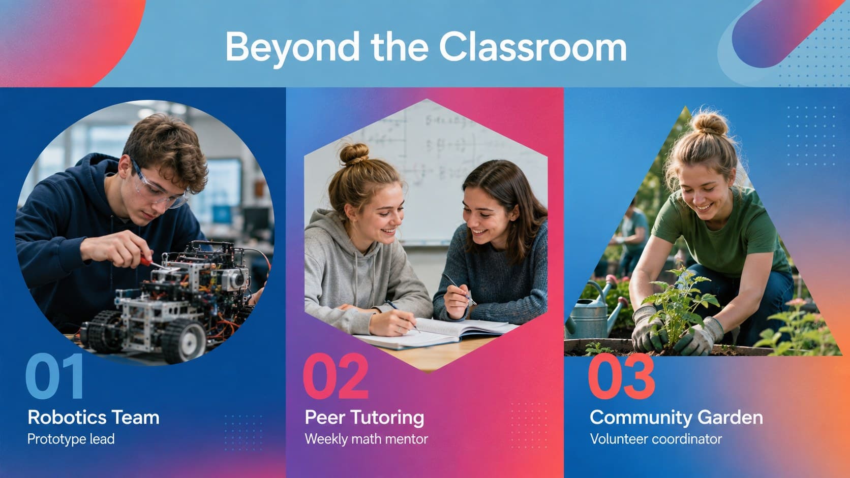 Student portfolio slide highlighting robotics, peer tutoring, and community garden extracurricular activities.