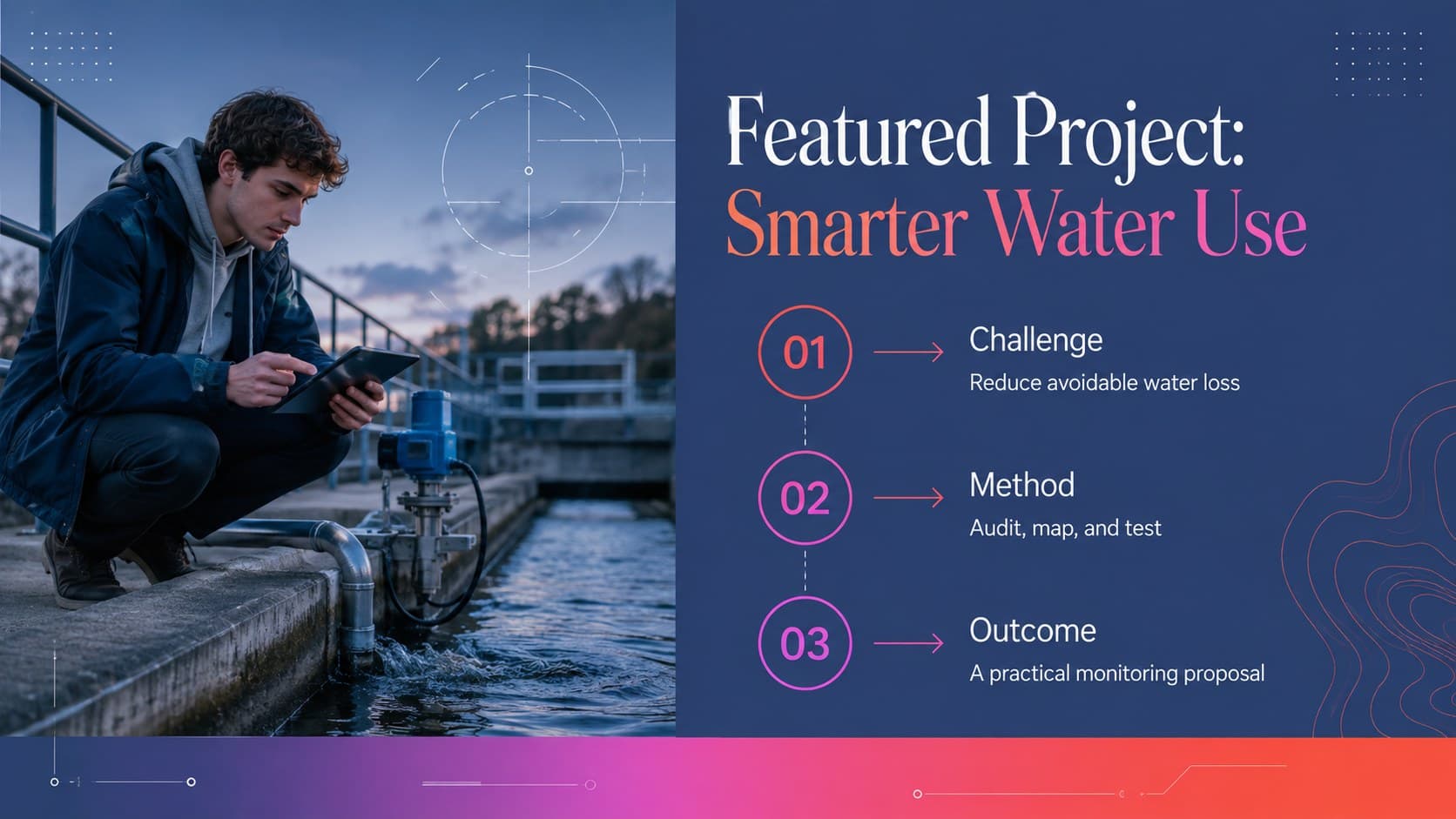 Featured sustainability project case study for an academic goals slideshow template with process and outcome details.