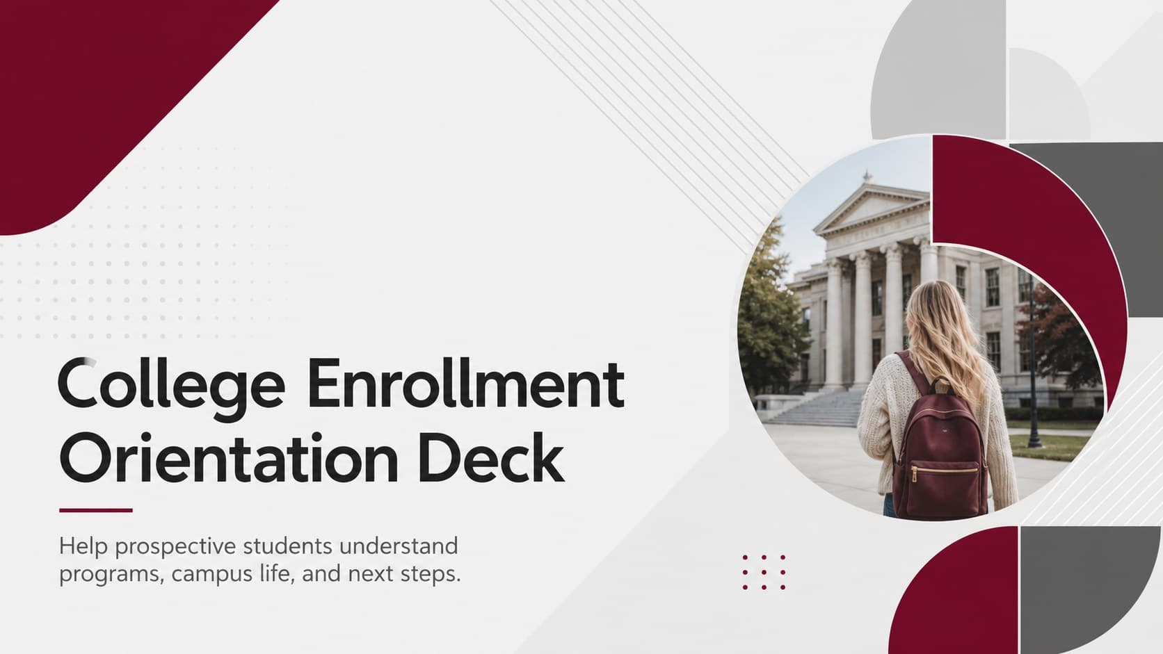 College Enrollment Orientation Deck cover with bold red geometric accents on a clean white and grey background.