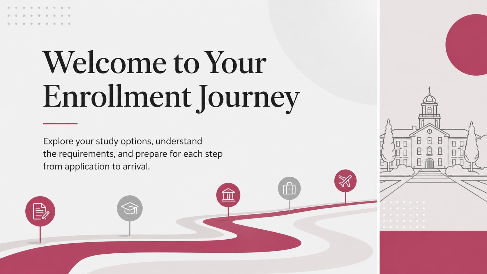 Prospective student information deck slide presenting a concise welcome and enrollment overview.