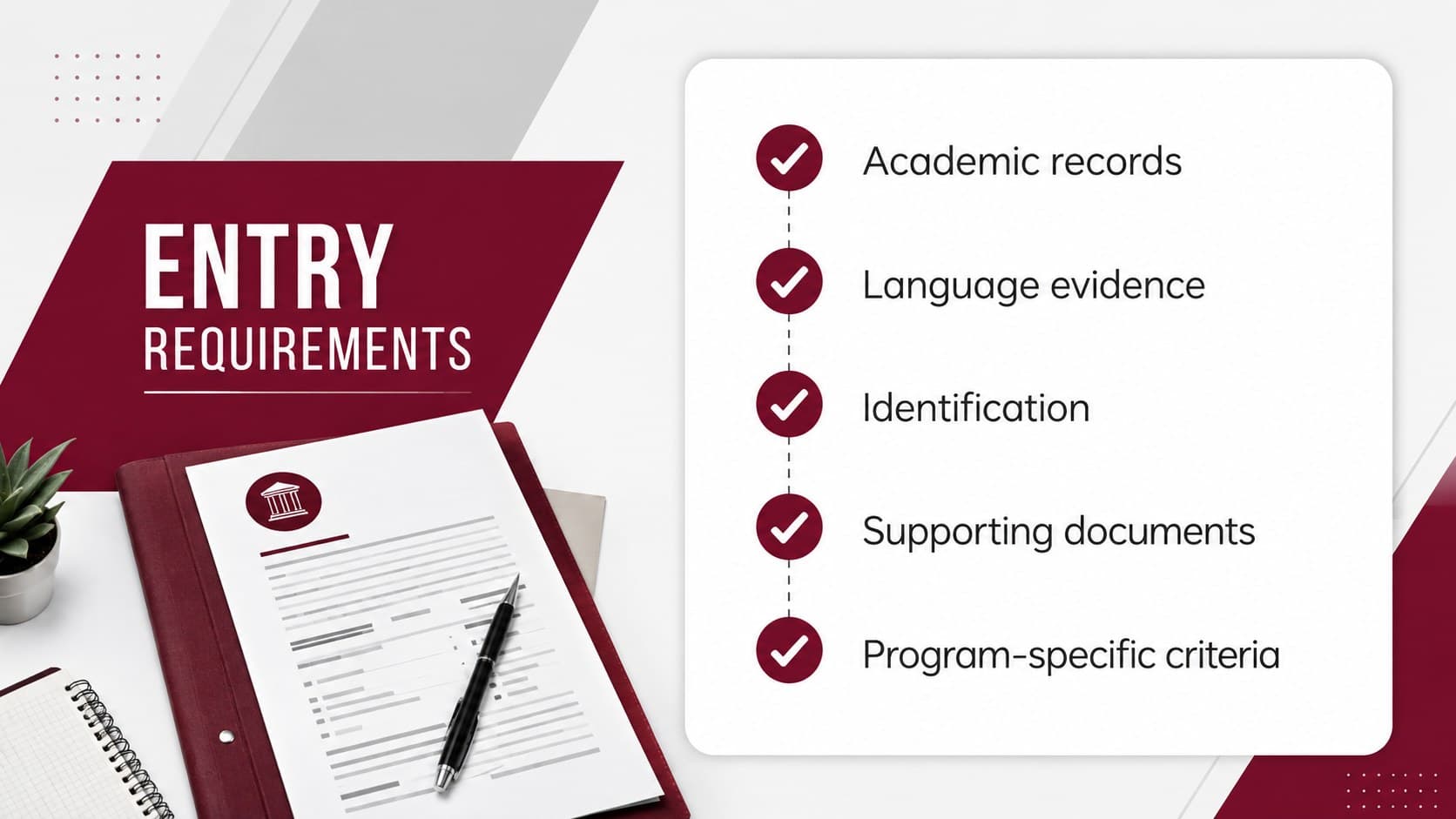 Enrollment requirements slide deck page listing academic records, language evidence, identification, and supporting documents.