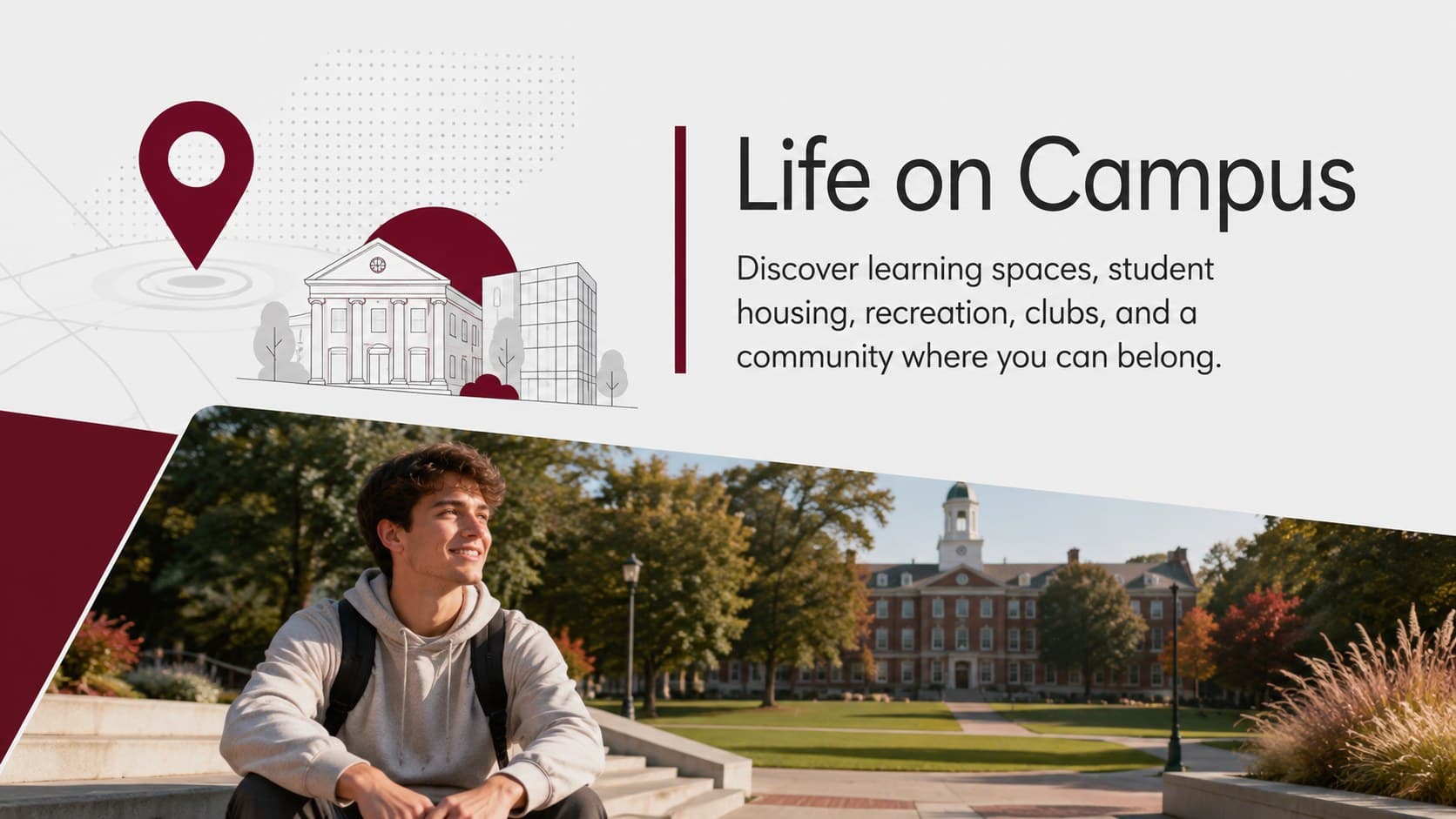 Campus orientation slide for students featuring learning spaces, housing, recreation, and community life.