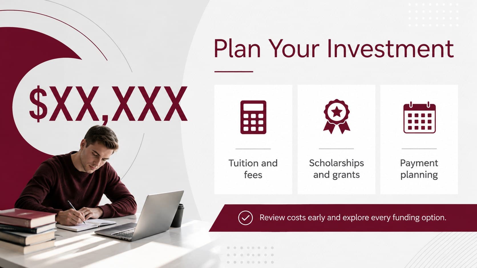 College enrollment orientation deck slide outlining tuition, scholarships, grants, and payment planning.