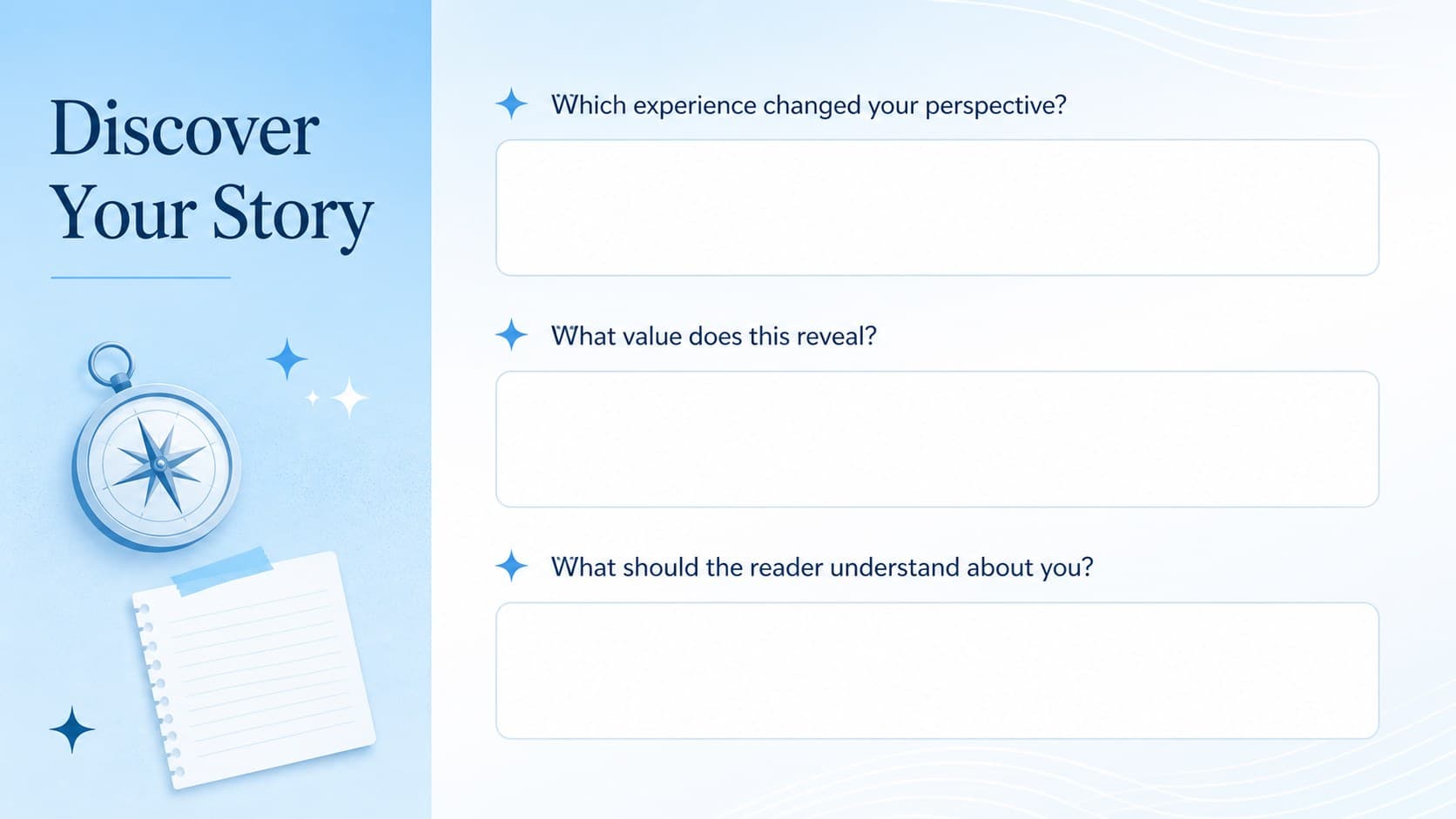 Personal statement brainstorming workbook page with prompts for experiences, values, and insights.