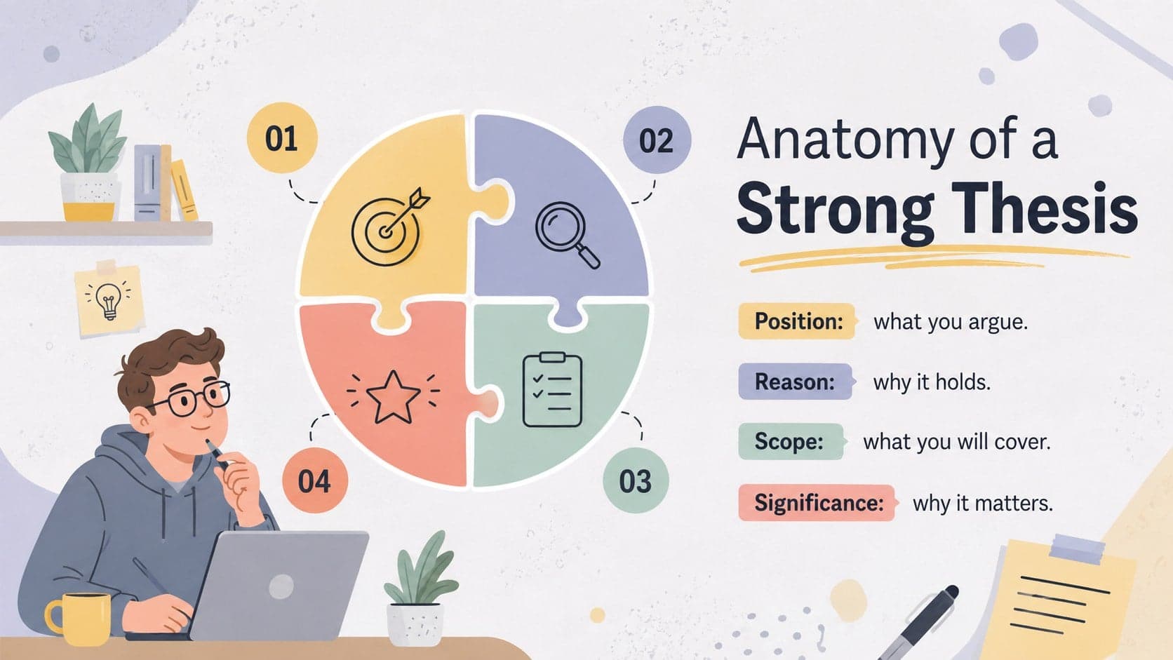 Academic claim writing slide explaining the position, reason, scope, and significance of a thesis.