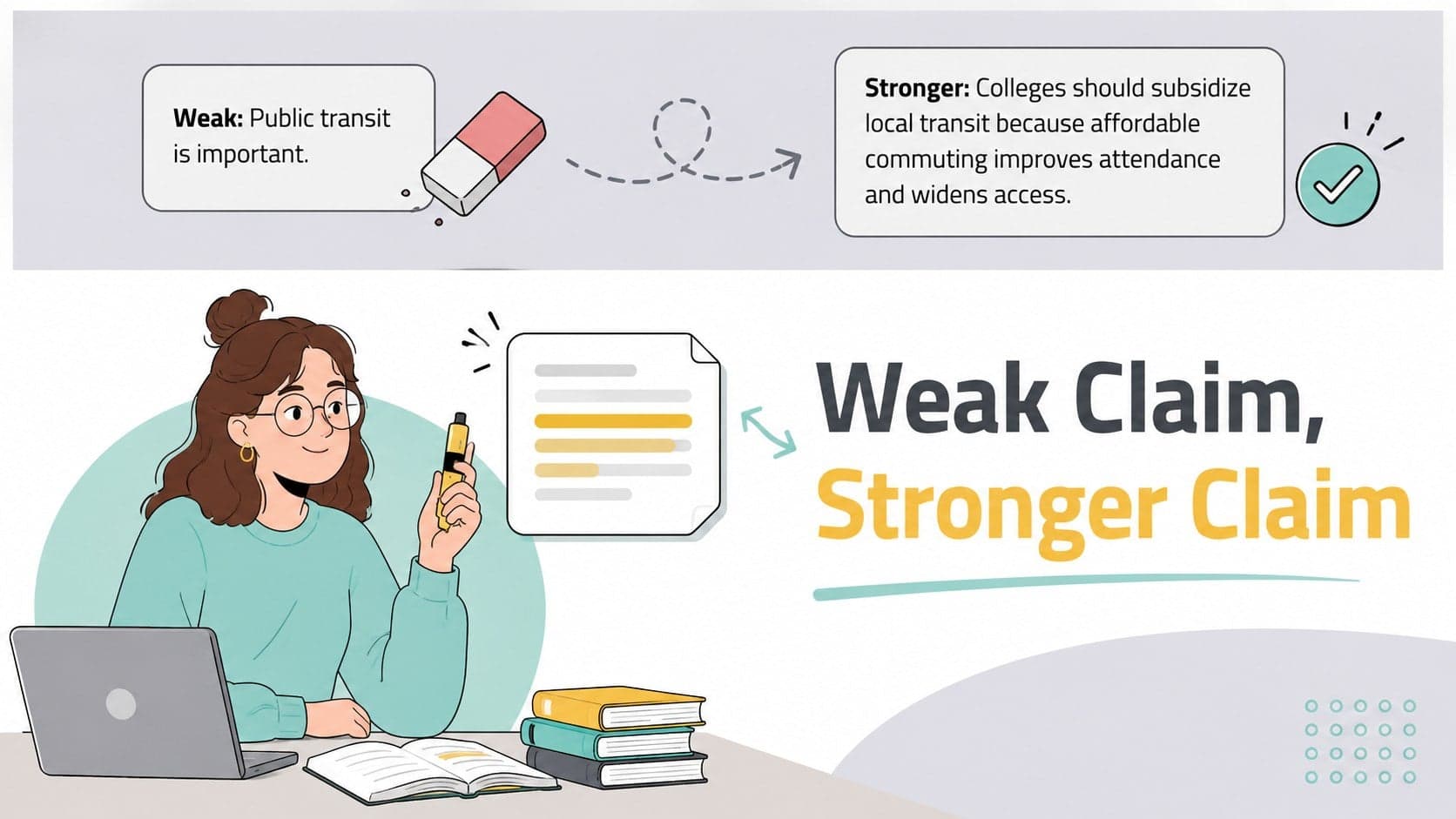 Strong versus weak thesis examples displayed in a pastel college writing lesson layout.