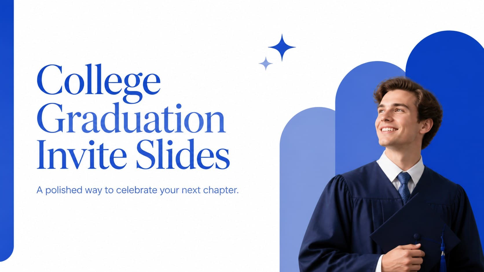 Blue minimalist cover slide for college graduation invite slides with a modern celebration announcement.