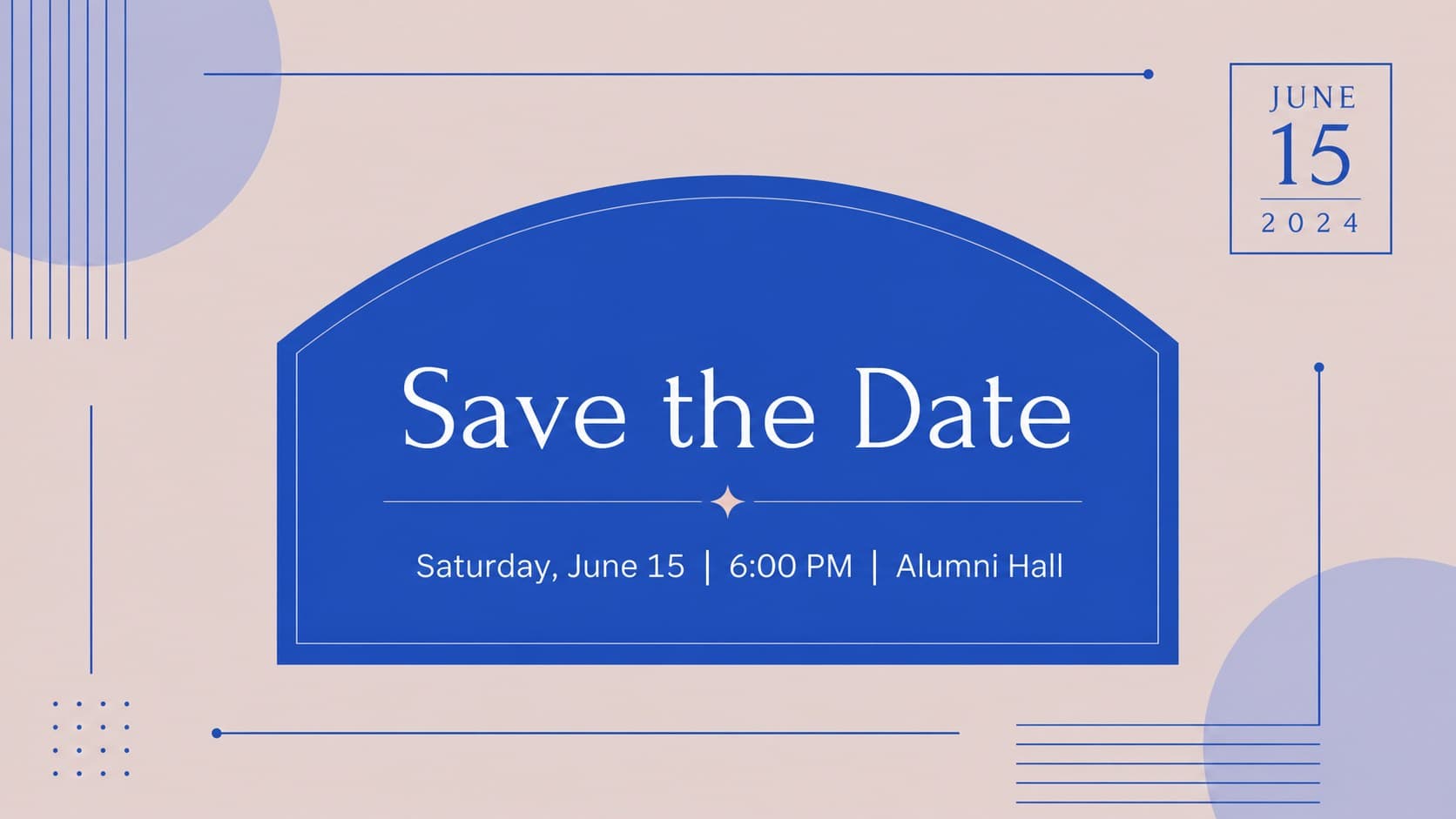 College graduation invitation slide showing event date, time, and venue in a blue geometric layout.