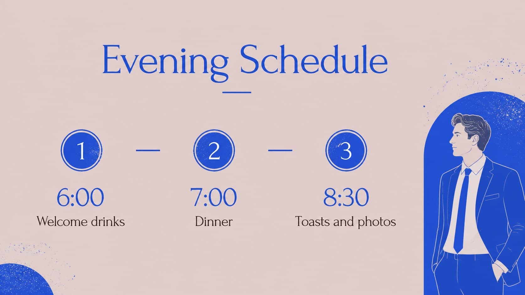 College graduation party invitation slide listing a blue-themed celebration schedule.