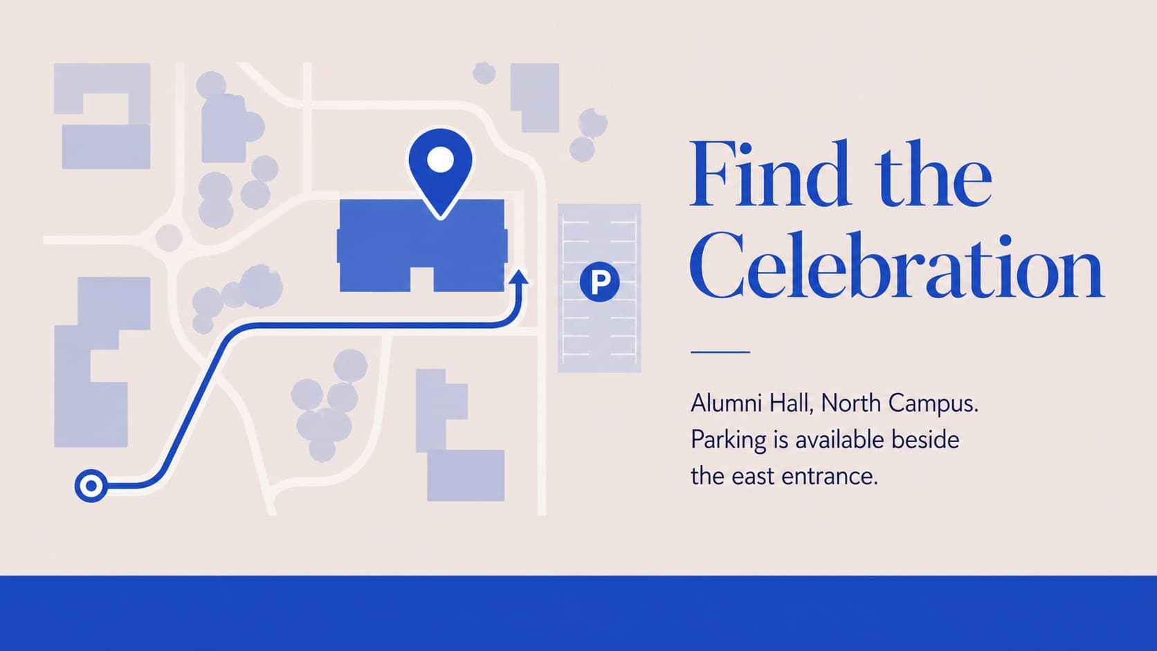 Blue commencement invitation slide with directions and parking information for guests.