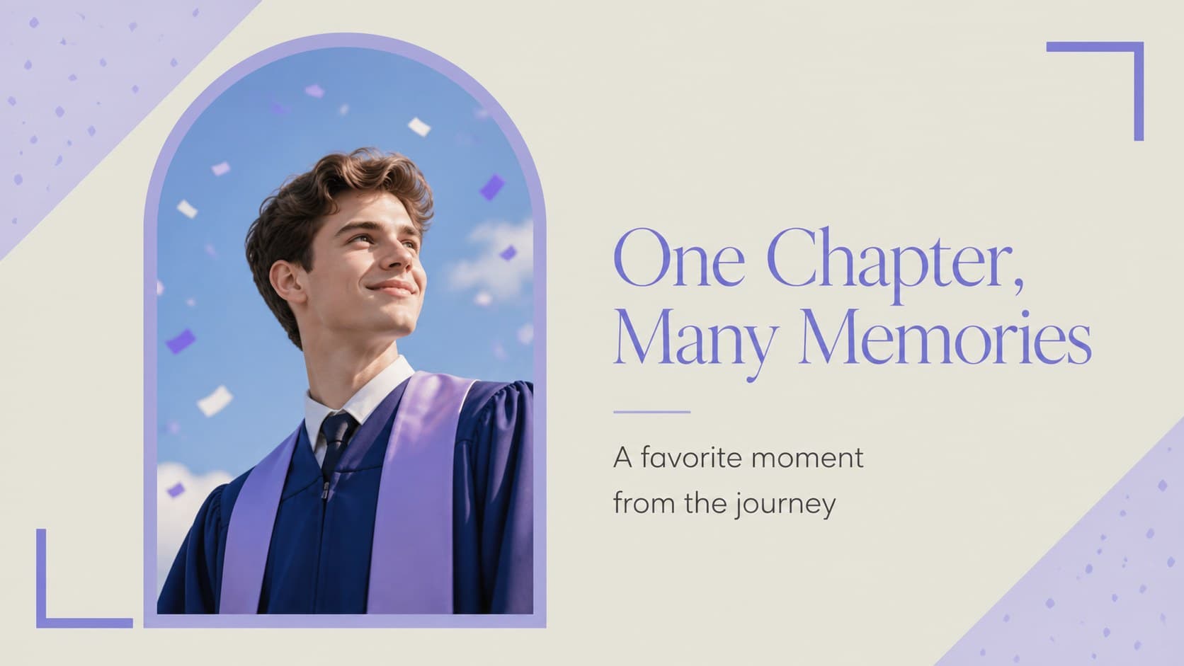 Blue graduation celebration slide featuring a framed graduate photo and memory caption.