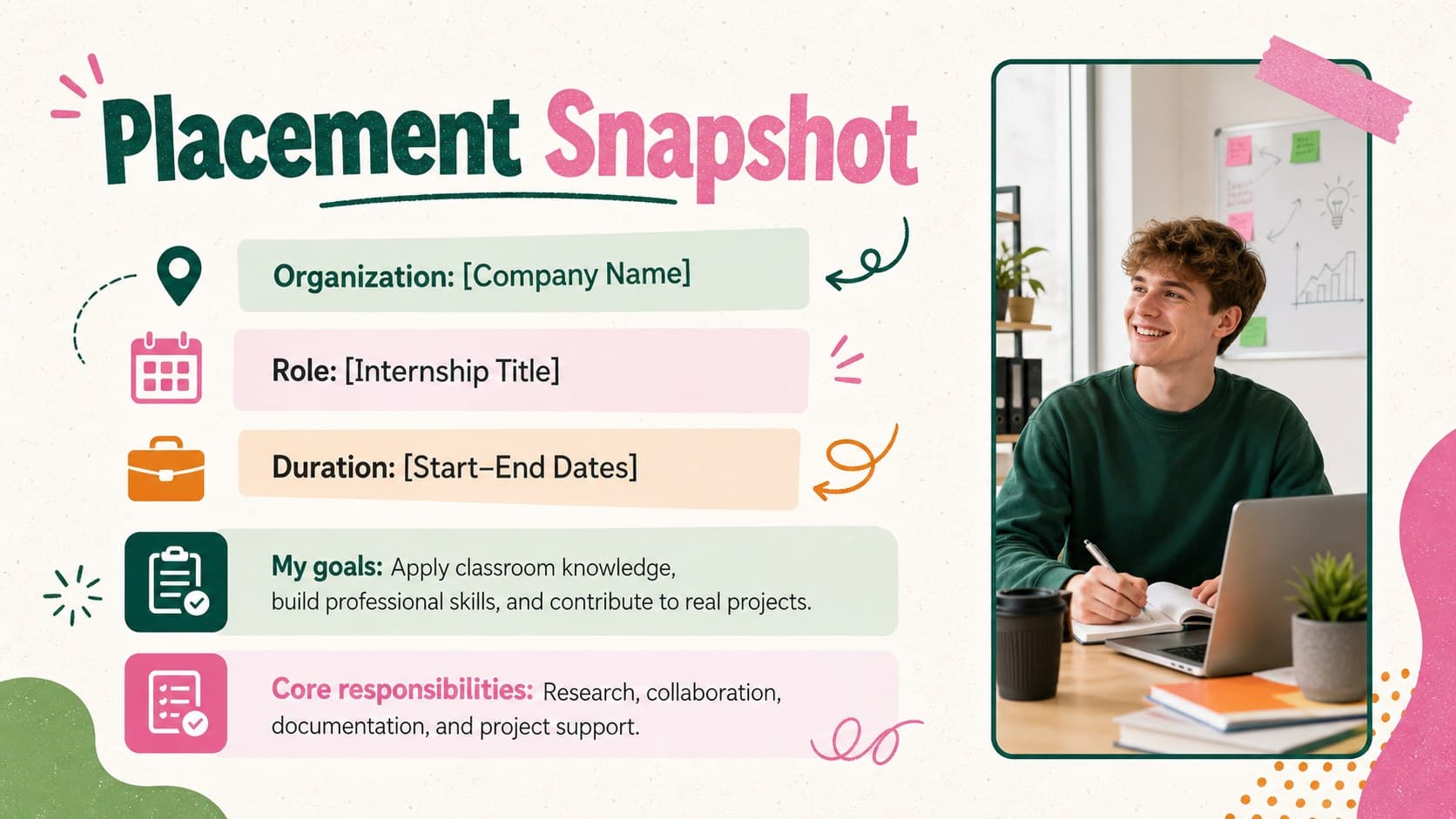 Internship placement overview slide presenting a student's role, goals, workplace, and responsibilities.