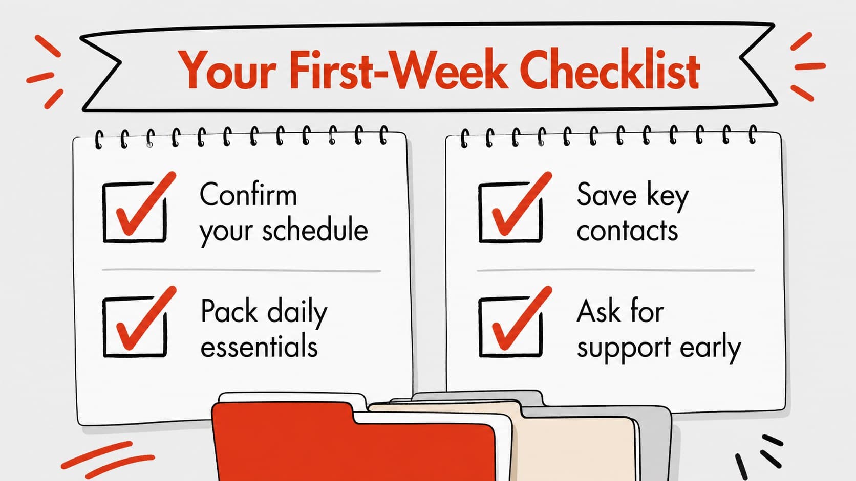 College preparation checklist slide showing essential tasks in a grey and red illustrated education layout.