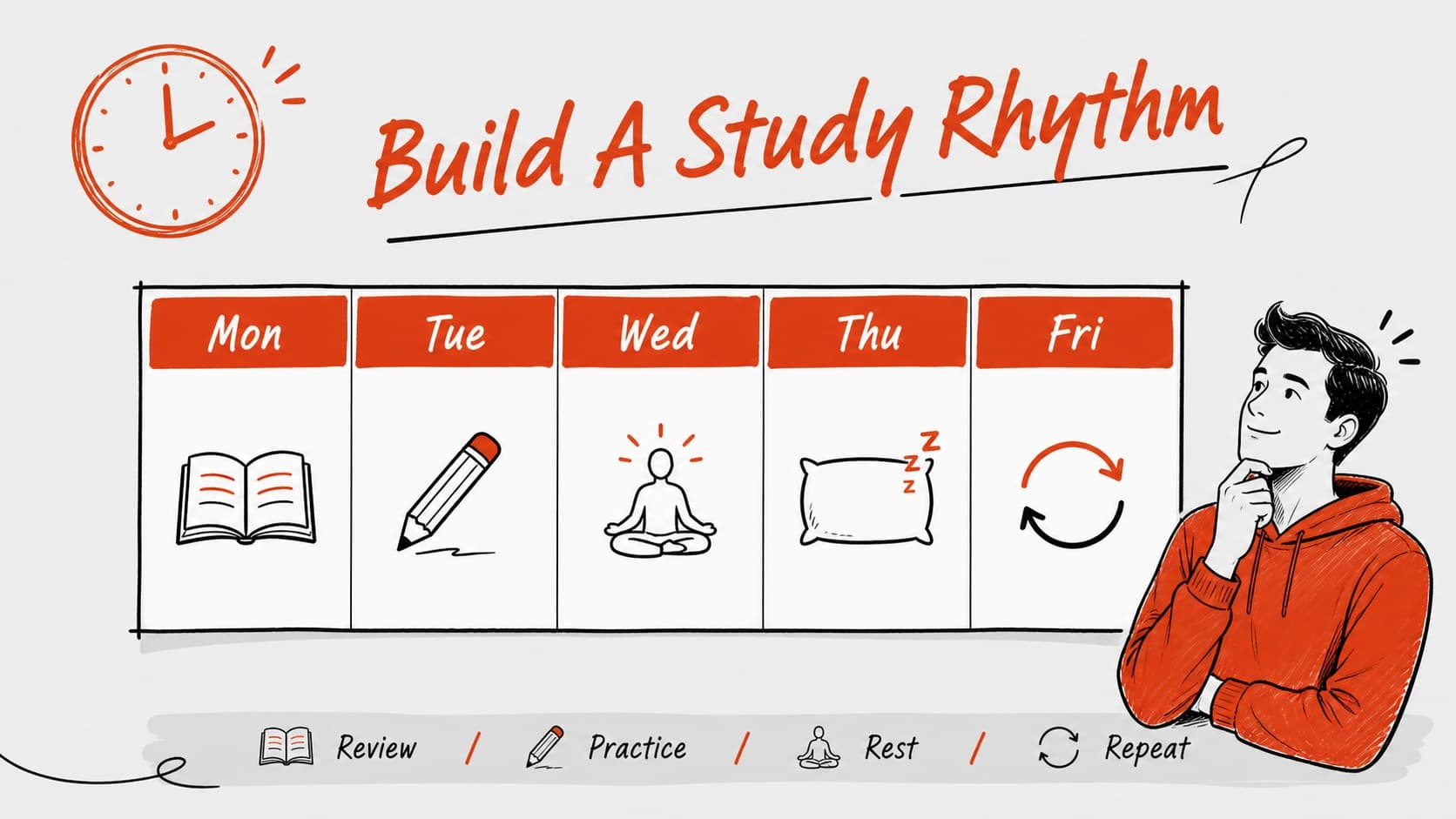 Weekly study routine slide with a red timetable, grey background, and hand-drawn academic planning details.
