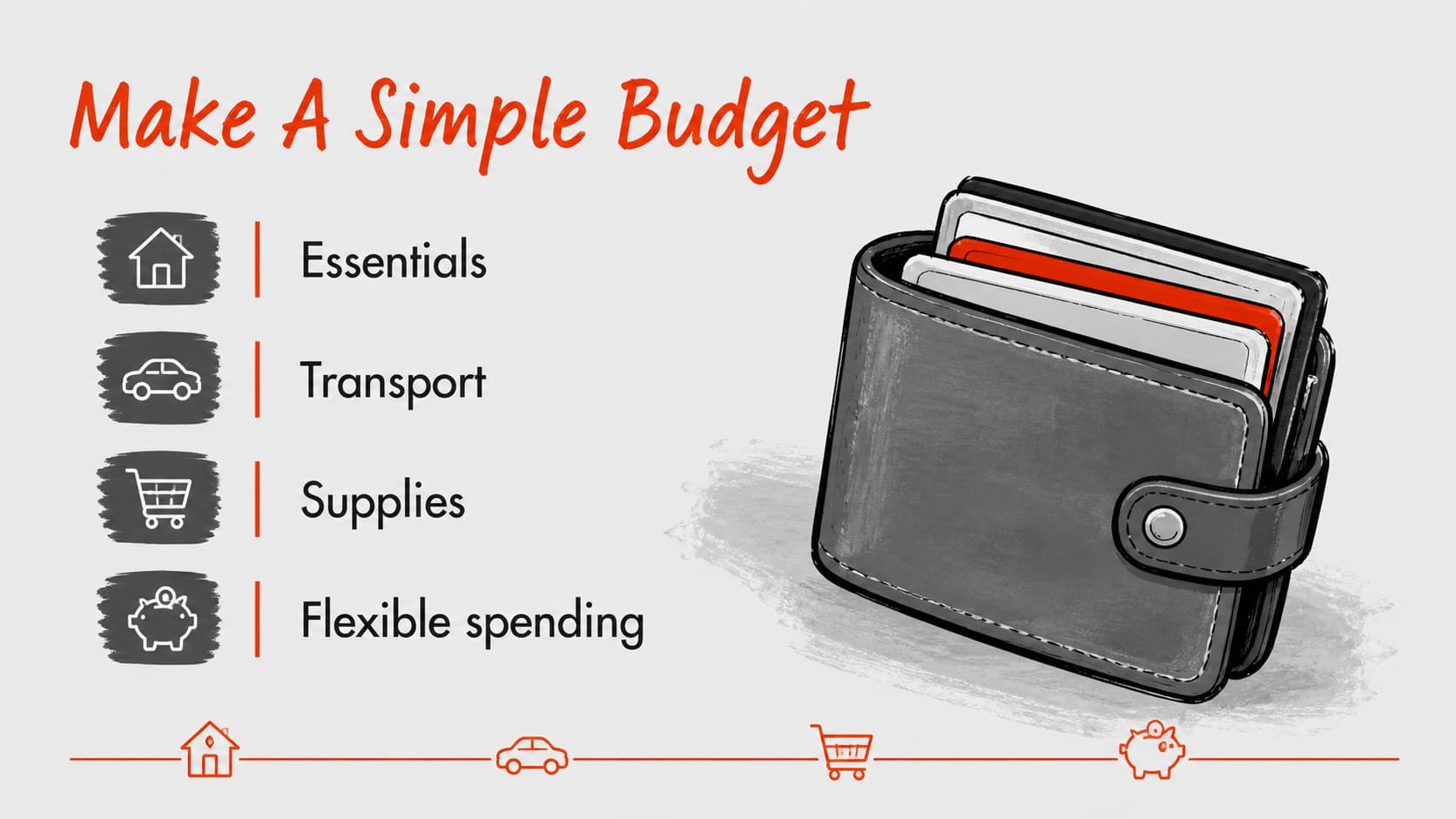 Student budget planning slide with simple expense categories, grey paper textures, and red hand-drawn symbols.