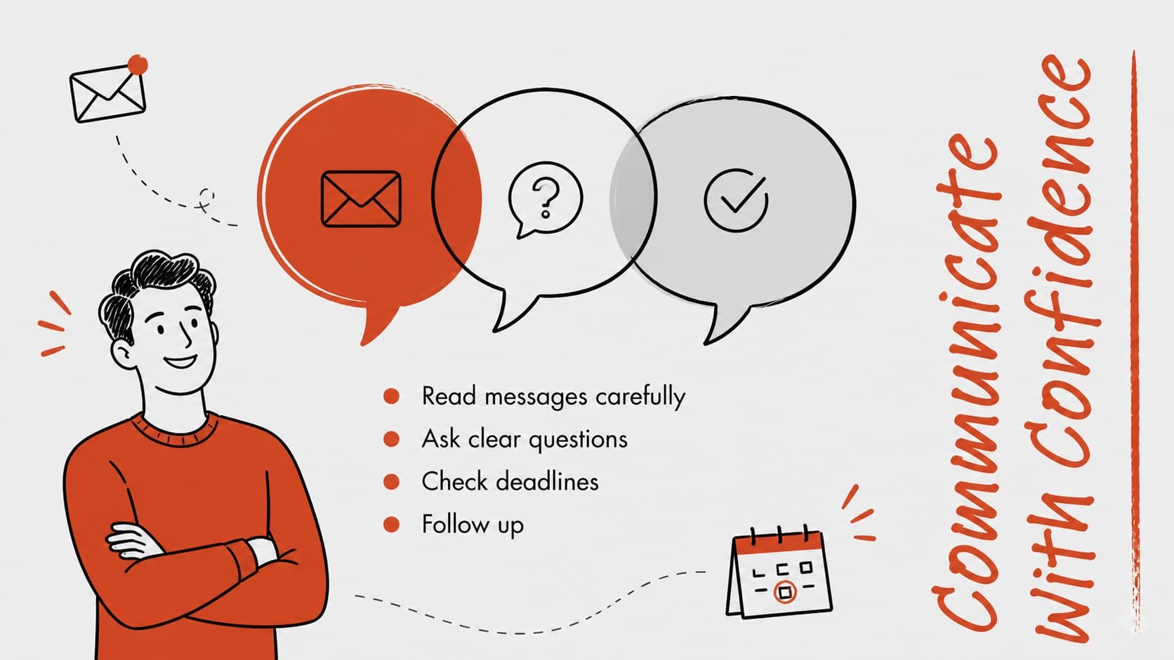 Campus communication tips slide with speech bubble illustrations and an approachable grey and red doodle style.