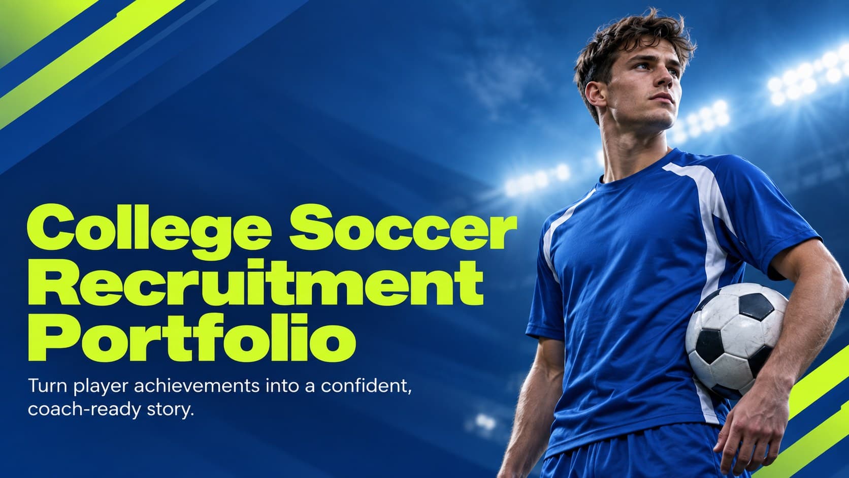 College soccer recruitment portfolio cover with bold blue and green gradient typography and an original student-athlete portrait.