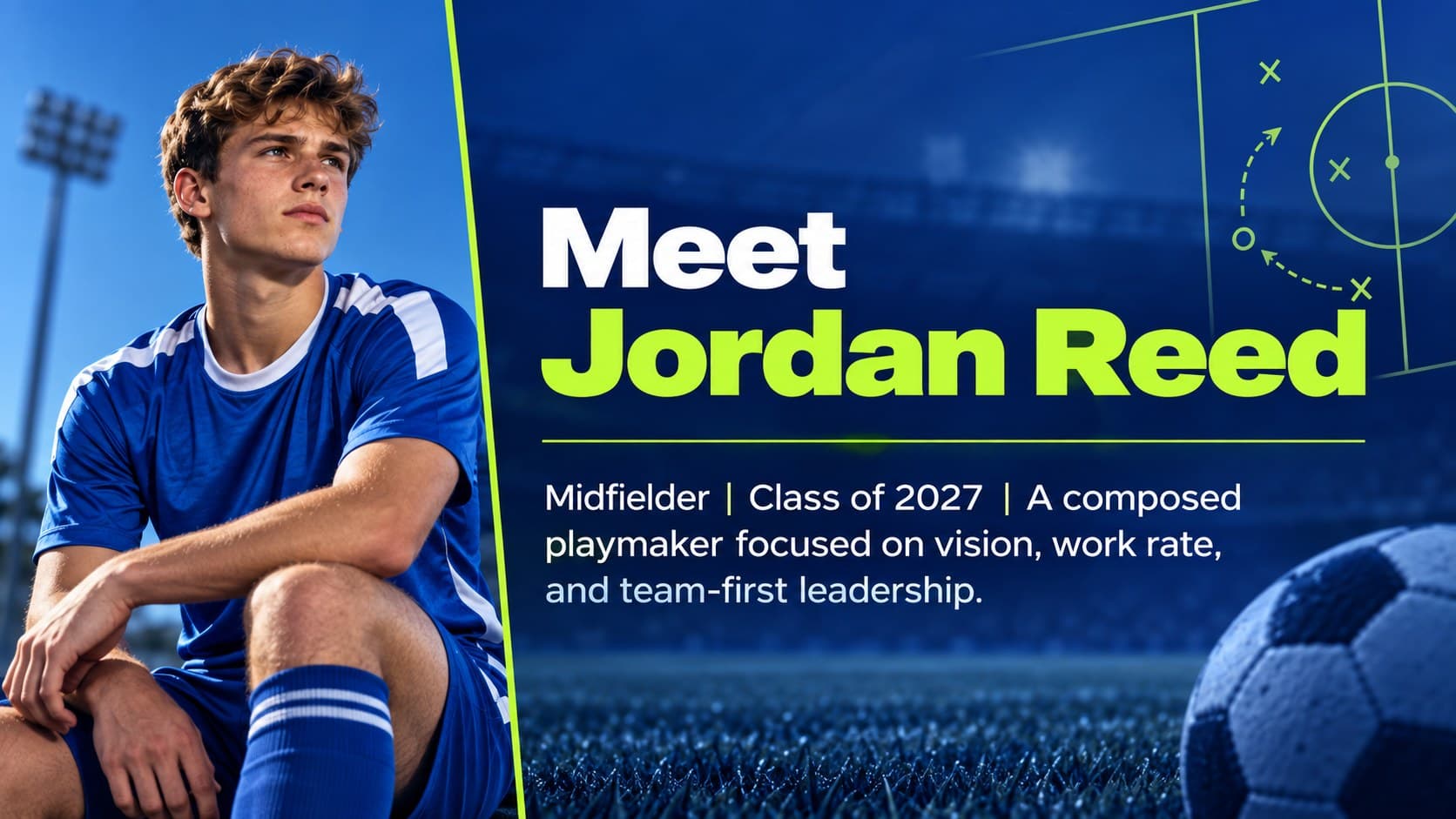 Soccer player introduction slide presenting an athlete portrait, field position, class year, and recruitment summary.
