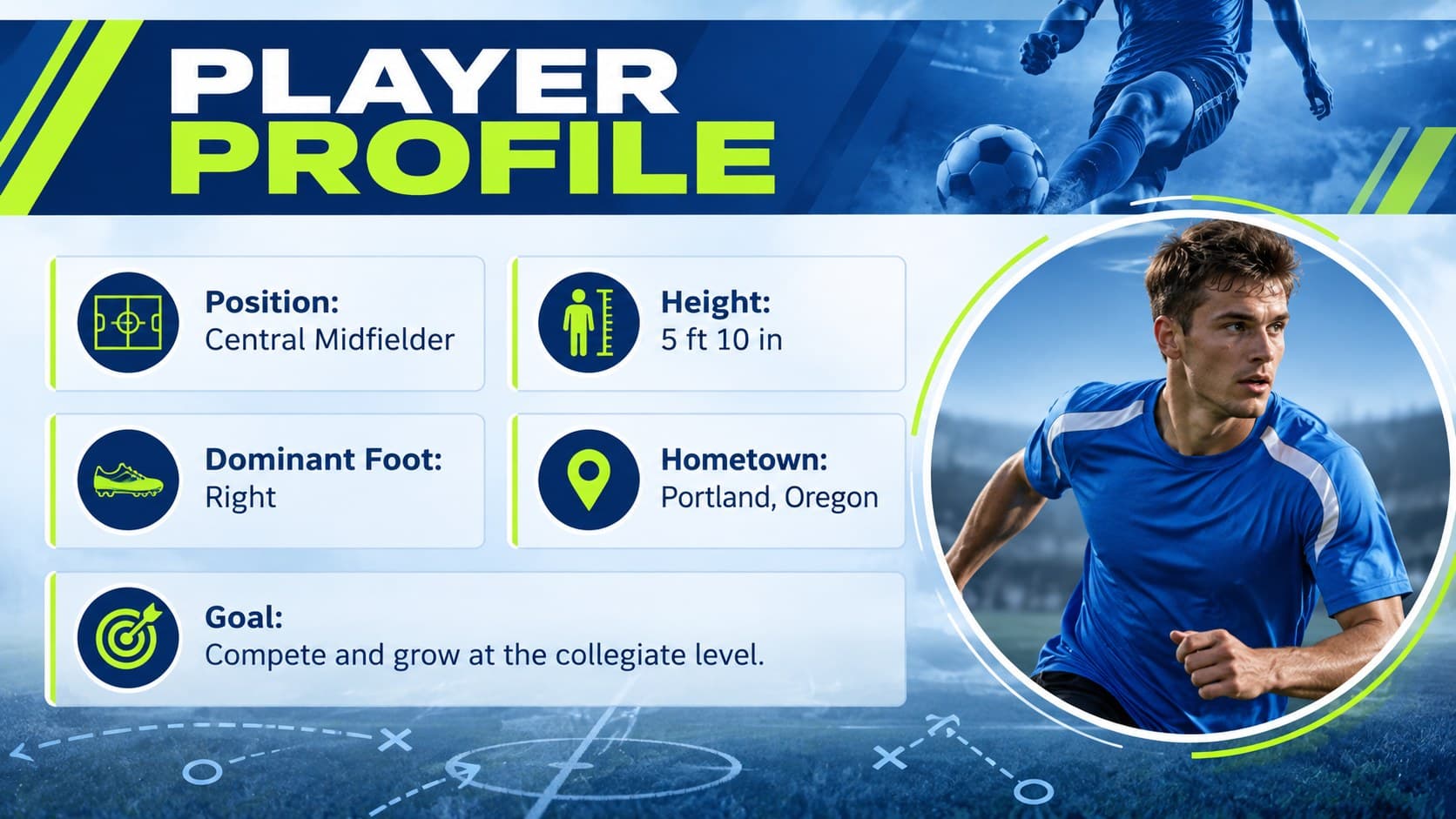 College soccer player profile slide with personal details, preferred position, dominant foot, and athletic goals.