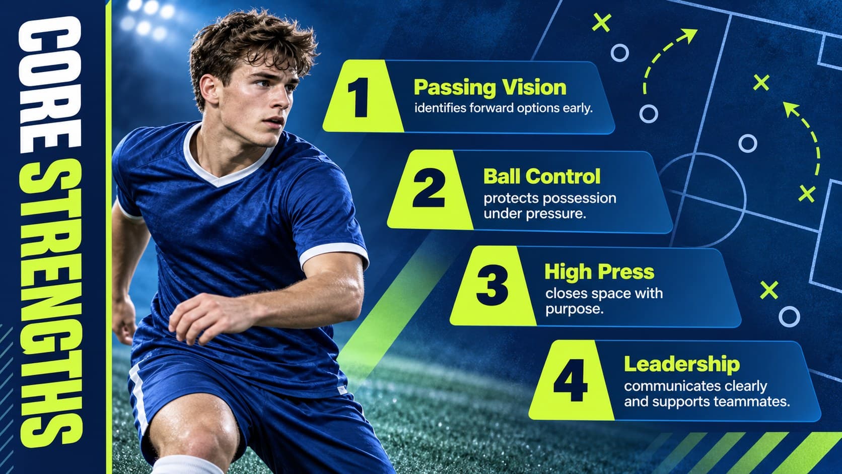 Soccer recruitment strengths slide highlighting passing vision, ball control, pressing, and leadership.