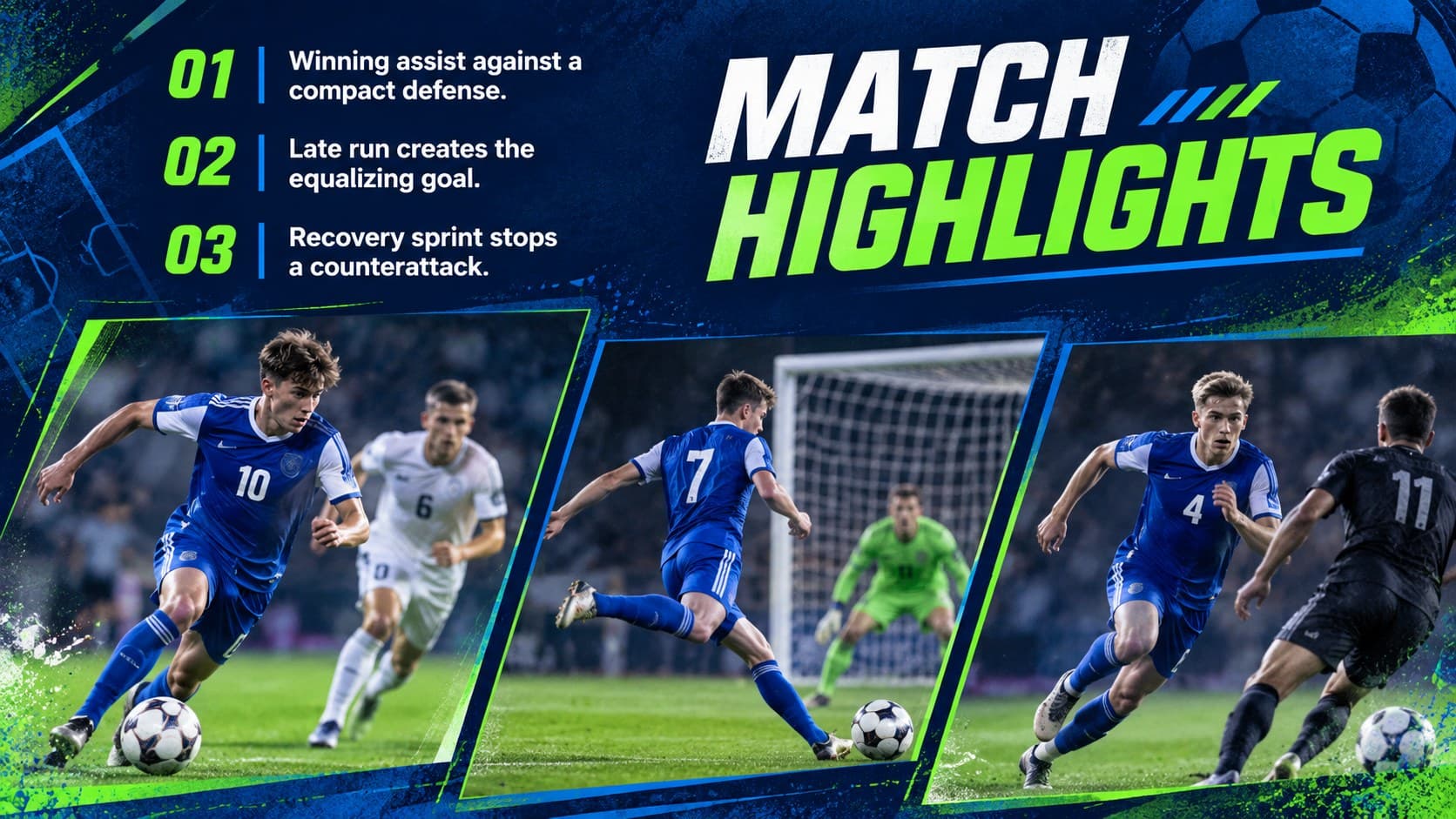Match highlights slide for a soccer scouting profile presentation with three performance moments and concise captions.